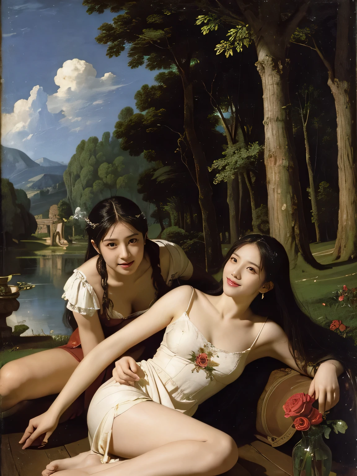 Giorgione painting style,Arguments of two female Philosophe,math、astronomical machine、astronaut、roses in vase、fruits、Cute trinkets、smile、ancient greek costume、Background is a forest lake at night 、Clothes that stretch your shoulders、A big smile、beautiful bare skin、A detailed representation of the seducing woman throughout her body.full body portrait, Ancient Roman ruins, Poussin-style landscape at night, A smile, , Sweet and seductive appearance.、Caravaggio's paintings、Chiaroscuro of Caravaggio、Hair disheveled in the wind, Two women frolicking, Cute smile, Expression of ecstasy, A sexy, Erotic
Negat