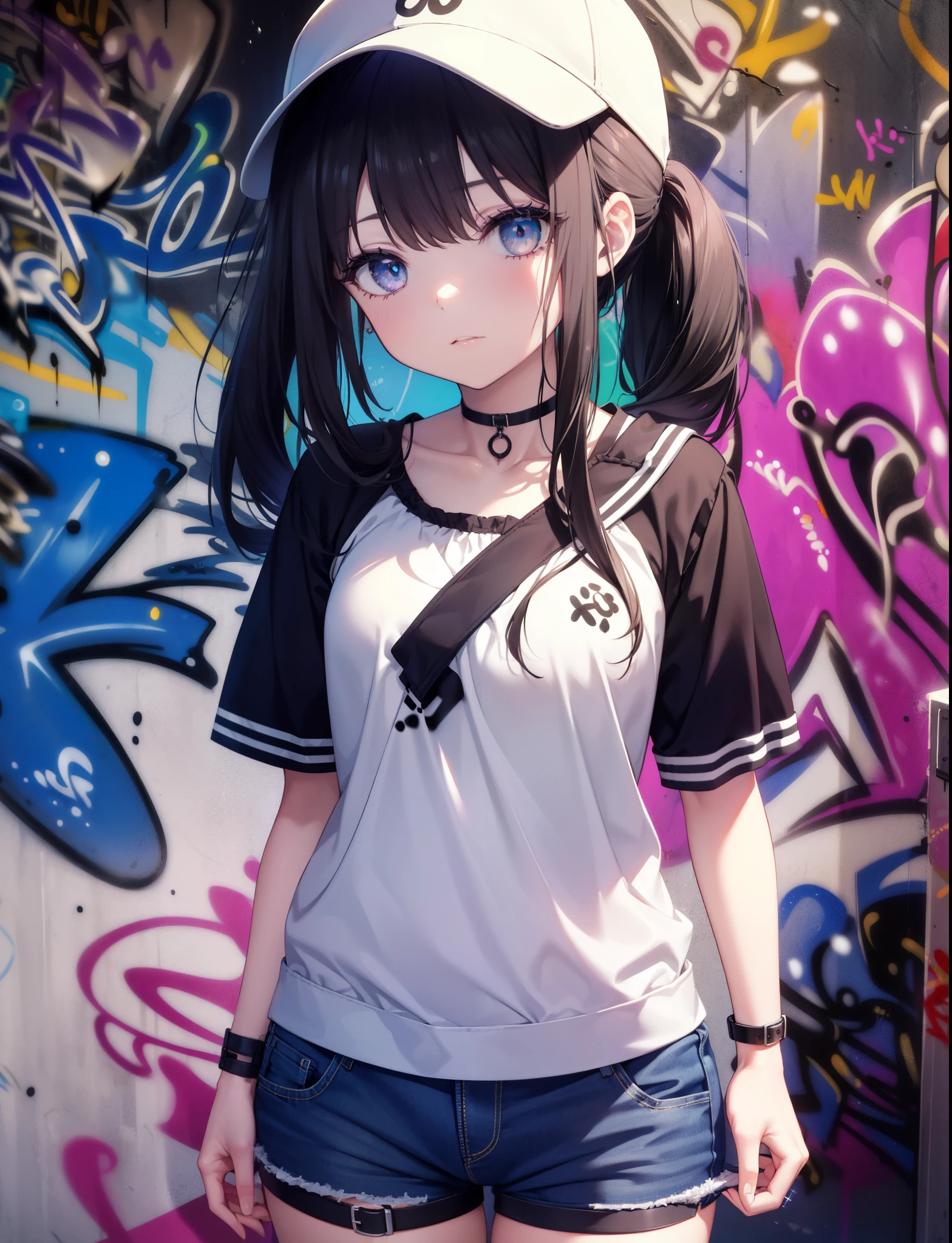 check it out, Inoue check, long hair, ponytail,have,bangs,baseball hat , black hair, (purple eyes:1.2),denim shorts, choker, (graffiti:1.5), paint splatters, turn your arms behind your back, towards the wall, looking at the viewer, armband, thigh strap, head tilt, was bored, ショートブーツ
break indoors,路地裏
break looking at viewer, (cowboy shot:1.5),
break (masterpiece:1.2), highest quality, High resolution, unity 8k wallpaper, (shape:0.8), (beautiful and detailed eyes:1.6), highly detailed face, highly detailed eyes,highly detailed nose,highly detailed mouth,perfect lighting, Very detailed CG, (perfect hands, perfect anatomy),