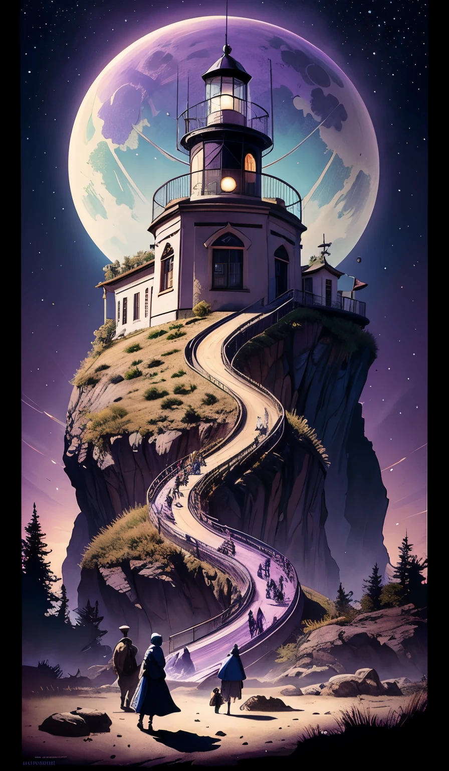 artgerm, norman rockwell, joshua middleton, purple color pallete, welcome to night vale, lighthouse in the desert, giant centipede, spooky strange weird quirky, cartoon, 2 d, shades of purple,completing the stable diffusion of serenity and contentment,masterpiece, best