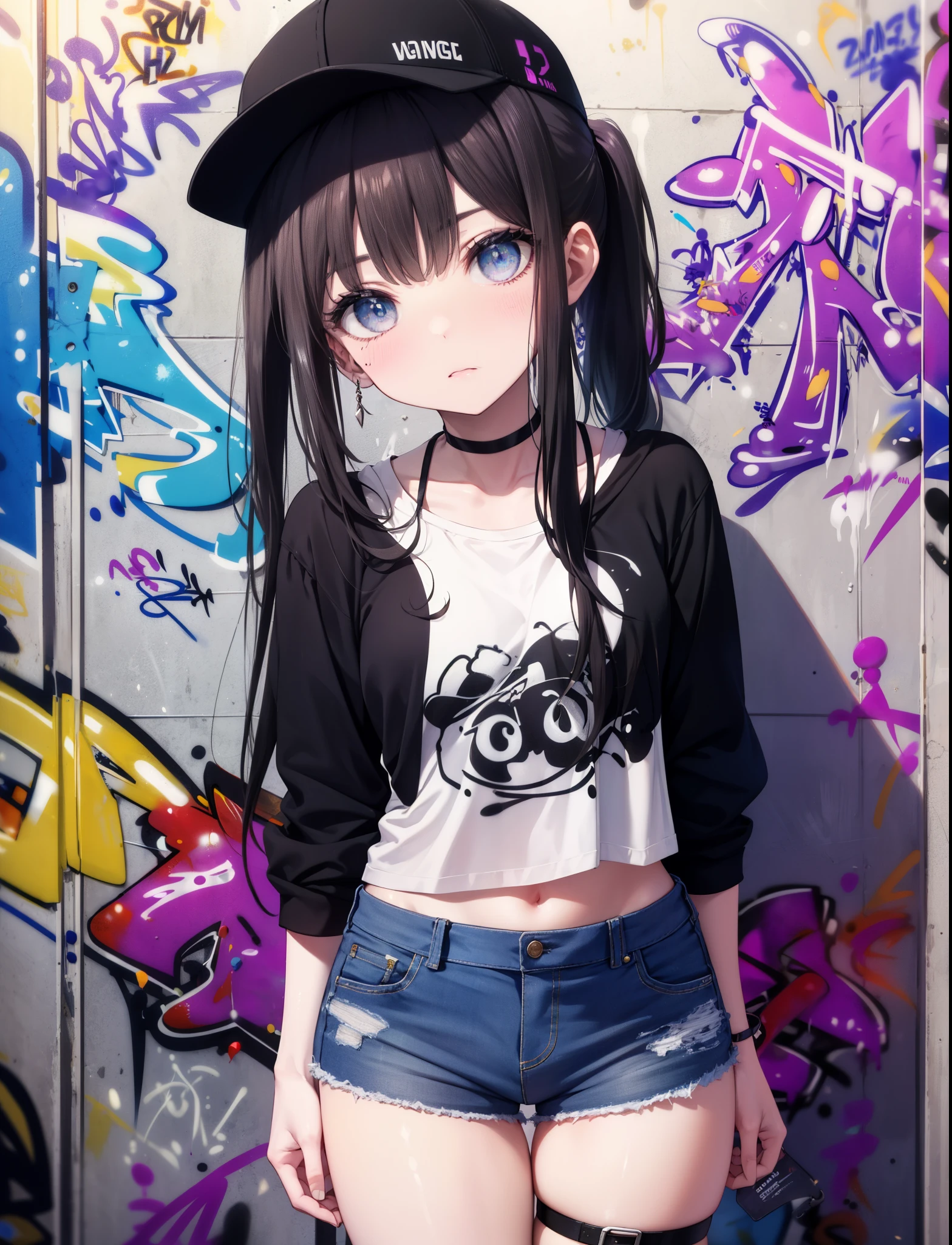 check it out, Inoue check, long hair, ponytail,have,bangs,baseball hat , black hair, (purple eyes:1.2),denim shorts, choker, (graffiti:1.5), paint splatters, turn your arms behind your back, towards the wall, looking at the viewer, armband, thigh strap, head tilt, was bored, ショートブーツ
break indoors,路地裏
break looking at viewer, (cowboy shot:1.5),
break (masterpiece:1.2), highest quality, High resolution, unity 8k wallpaper, (shape:0.8), (beautiful and detailed eyes:1.6), highly detailed face, highly detailed eyes,highly detailed nose,highly detailed mouth,perfect lighting, Very detailed CG, (perfect hands, perfect anatomy),