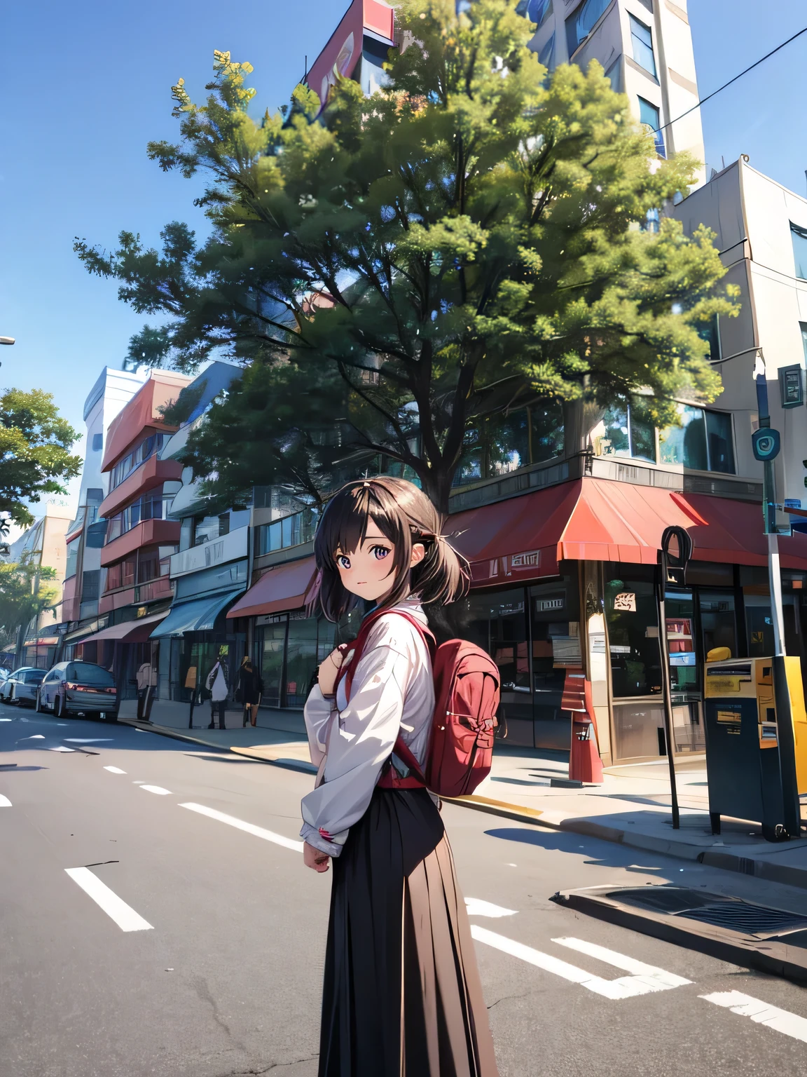 มีผู้หญิงคนหนึ่งยืนอยู่on the roadพร้อมกระเป๋าเป้, Street Photos, Thai girl anime, Thawan Duchanee, Niwan Chandra, in the street, Picture taken on 2 0 2 0, in the streetในเมือง, on the road, standing on the road, ยืนอยู่on the road, Front of house, With a public park in the background.