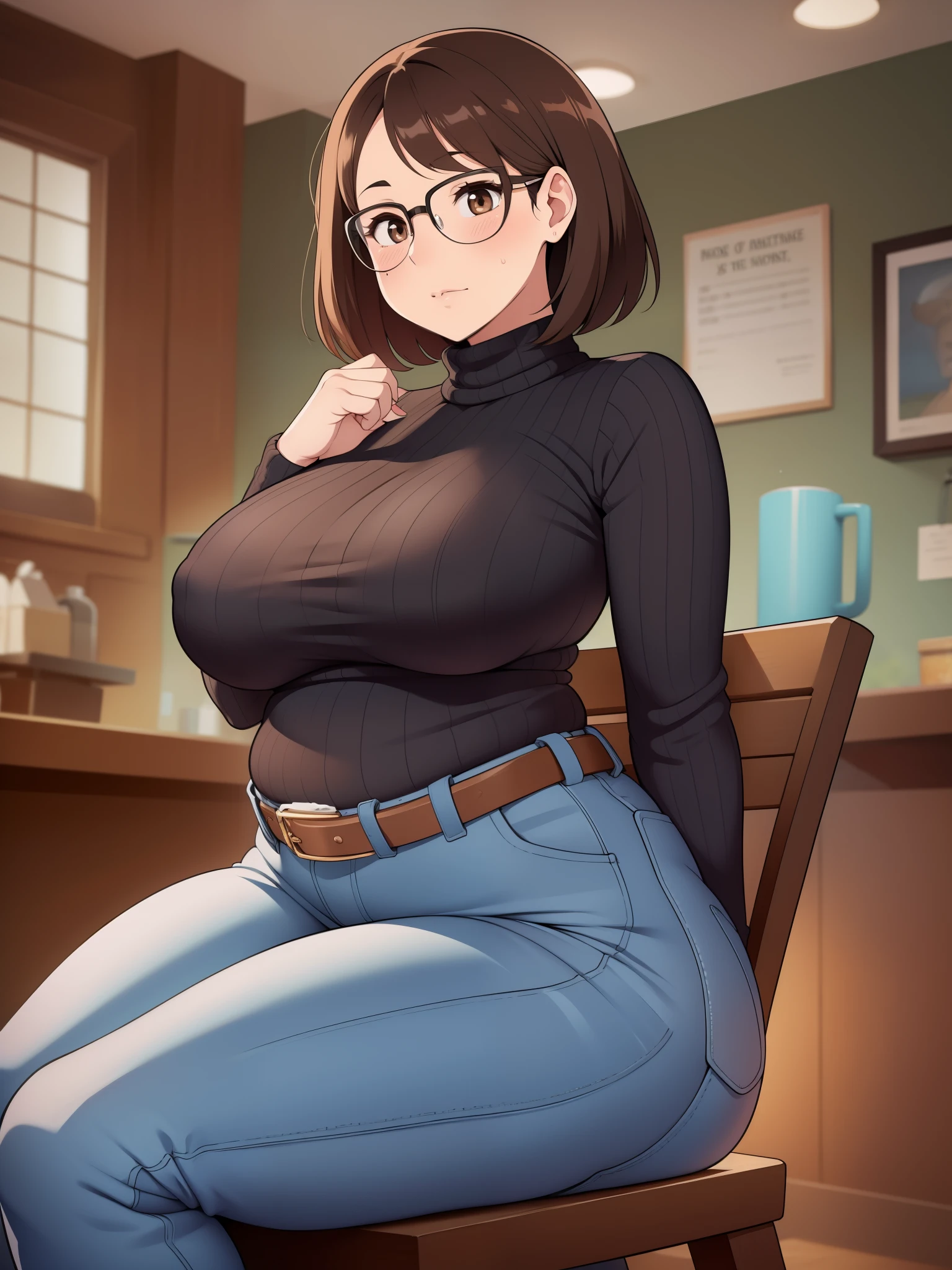 ((Masterpiece)), perfect anatomy, perfect shading, field of depth, (best quality), extremely delicate and beautiful, perfect lighting, detailed face, ultra cute face, cute, (cowboy shot 1.2), full body, (((1girl))), ((solo)), looking at viewer,
short hair, fluffy hair, brown hair, brown eyes, Glasses, ((blush)), shy, nervous, embarrassed, (black turtleneck sweater 1.5), (jeans 1.2), belt, extremely tight clothes, medium breasts, ((wide hips)), ((thick thighs)), ((chubby)), chubby belly,
coffee shop, intricate background, detailed background, sitting on a chair mug on table, (spoken heart),