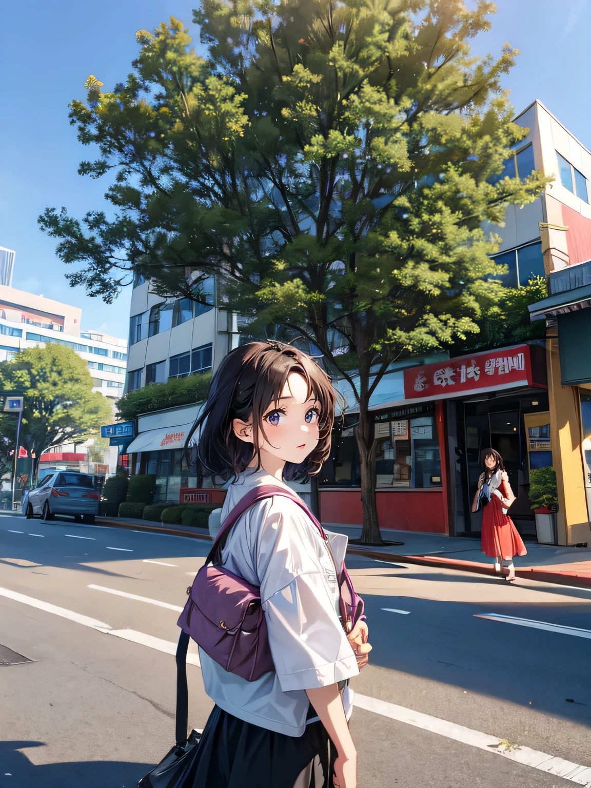 มีผู้หญิงคนหนึ่งยืนอยู่on the roadพร้อมกระเป๋าเป้, Street Photos, Thai girl anime, Thawan Duchanee, Niwan Chandra, in the street, Picture taken on 2 0 2 0, in the streetในเมือง, on the road, standing on the road, ยืนอยู่on the road, Front of house, With a public park in the background.