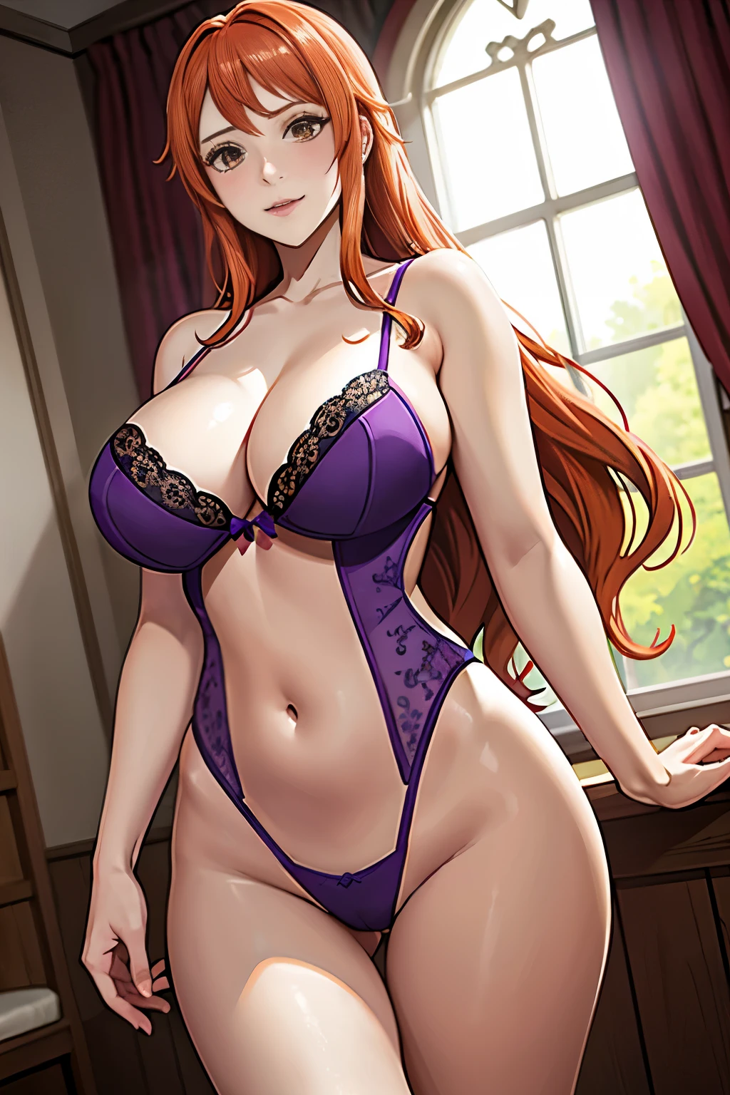 Nami characters from the anime "One Piece," exuding seductive allure, are dressed in sexy purple lingerie. Their captivating curves are accentuated by the delicate patterns and intricate details adorning their lingerie. The lingerie clings to their shapely bodies, revealing a beautiful, radiant blush on their seductive bodies. The luminous and firm skin of the Nami characters shines, and their long, silky hair cascades down their shoulders. The atmosphere is set in a dimly lit, romantic room, with a beautiful night sky peeking through the window, adding to the enchanting ambiance. The Nami characters radiate unpar