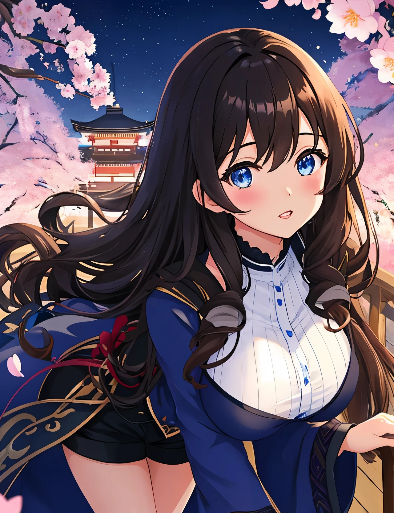 anime、1 female、bottom angle、whole body、long brown hair、curly hair、blue eyes、thick lips、well-groomed face、blue knit clothes、black coat、black shorts、beautiful breasts、cherry blossoms、Kyoto cityscape、night、masterpiece、ultra high resolution、delicate、16k、perfect lighting