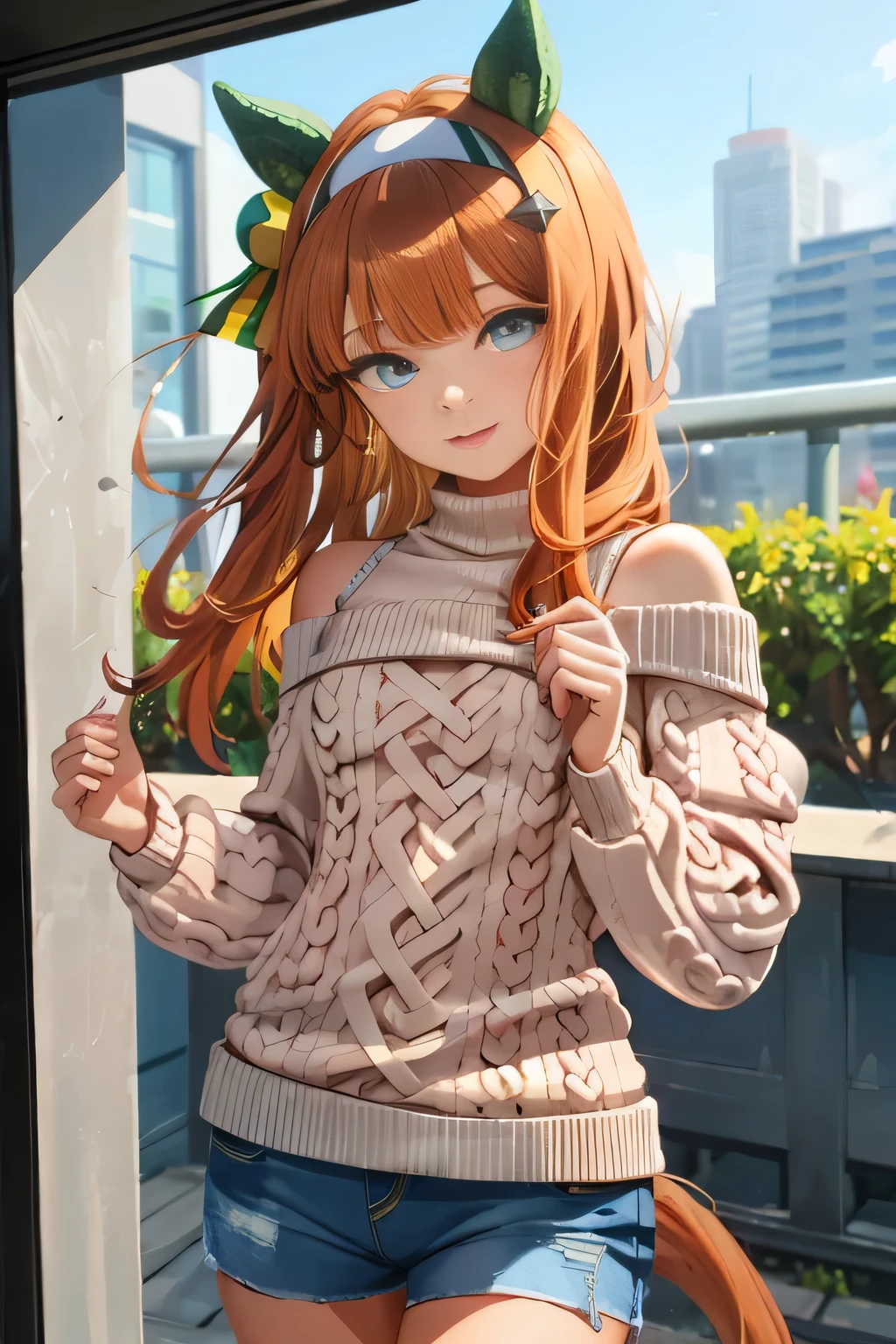 masterpiece, highest quality, High resolution, silence suzuka \(umamusume\),Cat ear, alone, small breasts, lips, lipstick, enchanting smile, delicate, very detailed, (watercolor), bloom, delicate and beautiful, shape, (from below),(1 girl:1.4), (alone:1.2), big breasts, (lift sweater: 1.3 ), off shoulderセーター, (shorts: 1.2), off shoulder, beautiful eyes, photograph, off shoulderphotograph撮影, Professional, canon camera, nikon camera, sharp, Bokeh, studio quality, Fisheye,