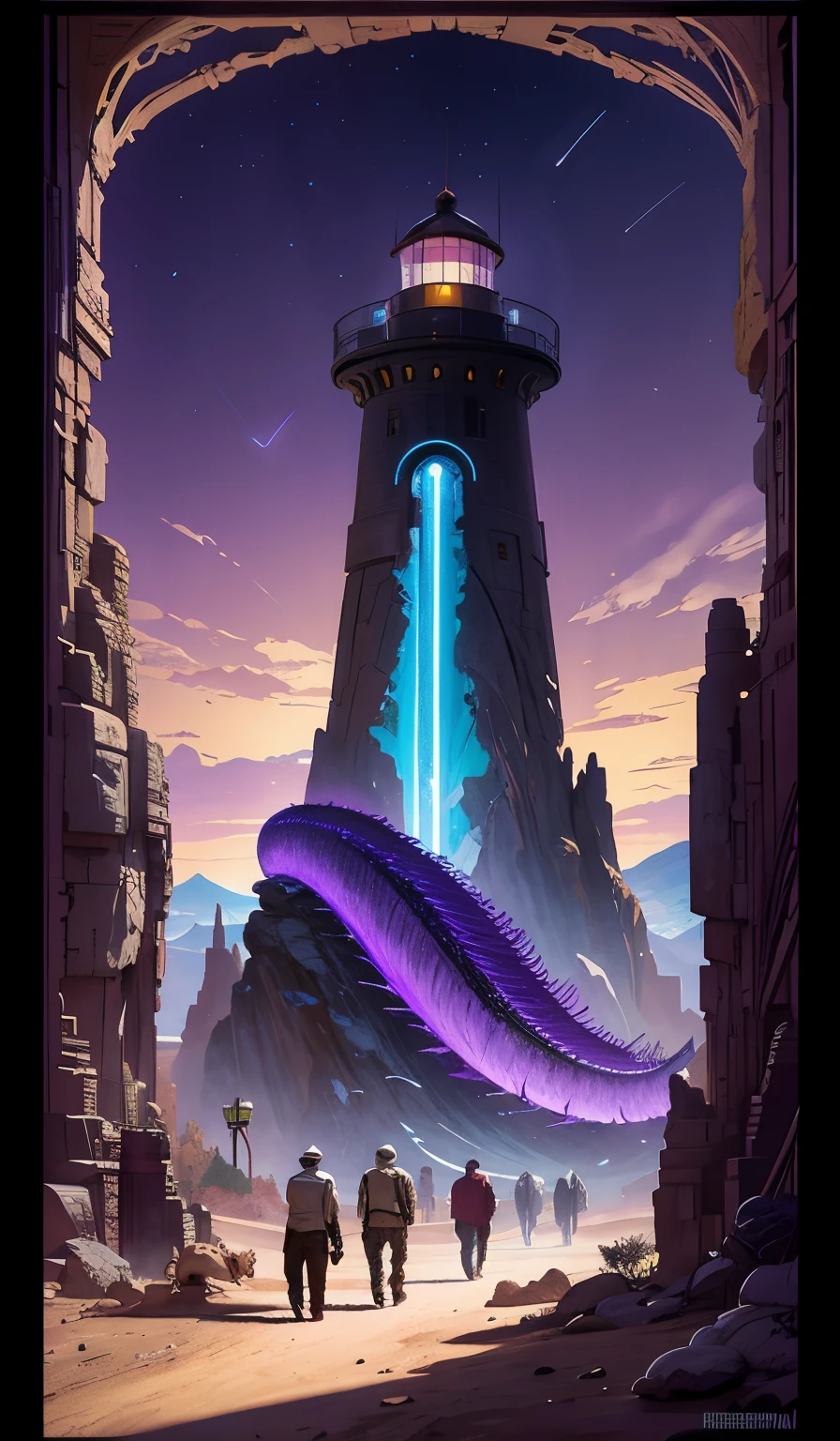 artgerm, norman rockwell, joshua middleton, purple color pallete, welcome to night vale, lighthouse in the desert, giant centipede, spooky strange weird quirky, cartoon, 2 d, shades of purple,completing the stable diffusion of serenity and contentment,masterpiece, best