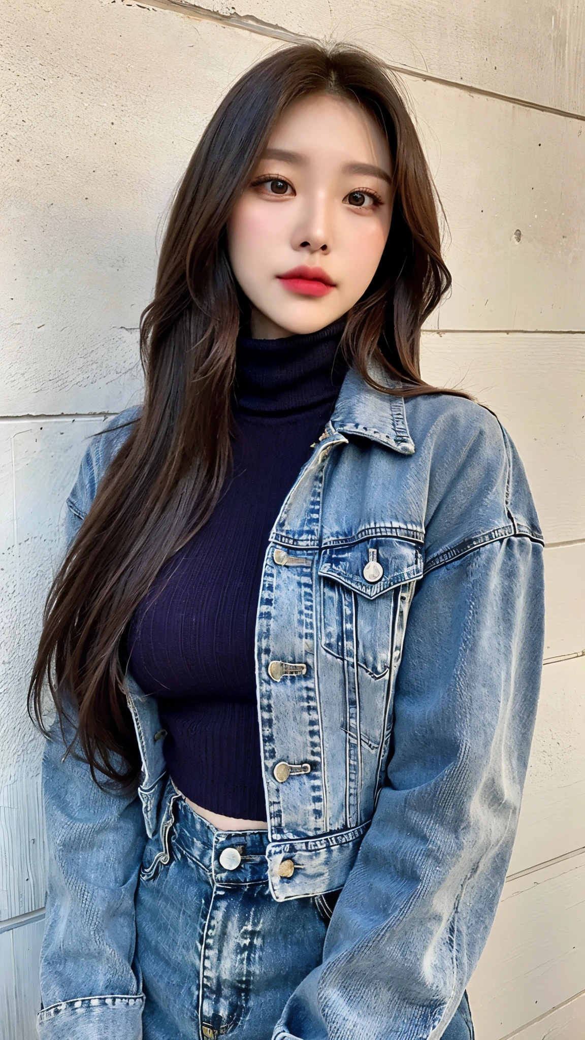 top quality, 1beautiful woman, 28 years old, S, 35mm lens,, cowboy shot, Specific background、Mortar style background、violet turtleneck knit、light brown、mortar style wall,from below、straight hair、straight hair、shiny hair,soft hair、denim jacket