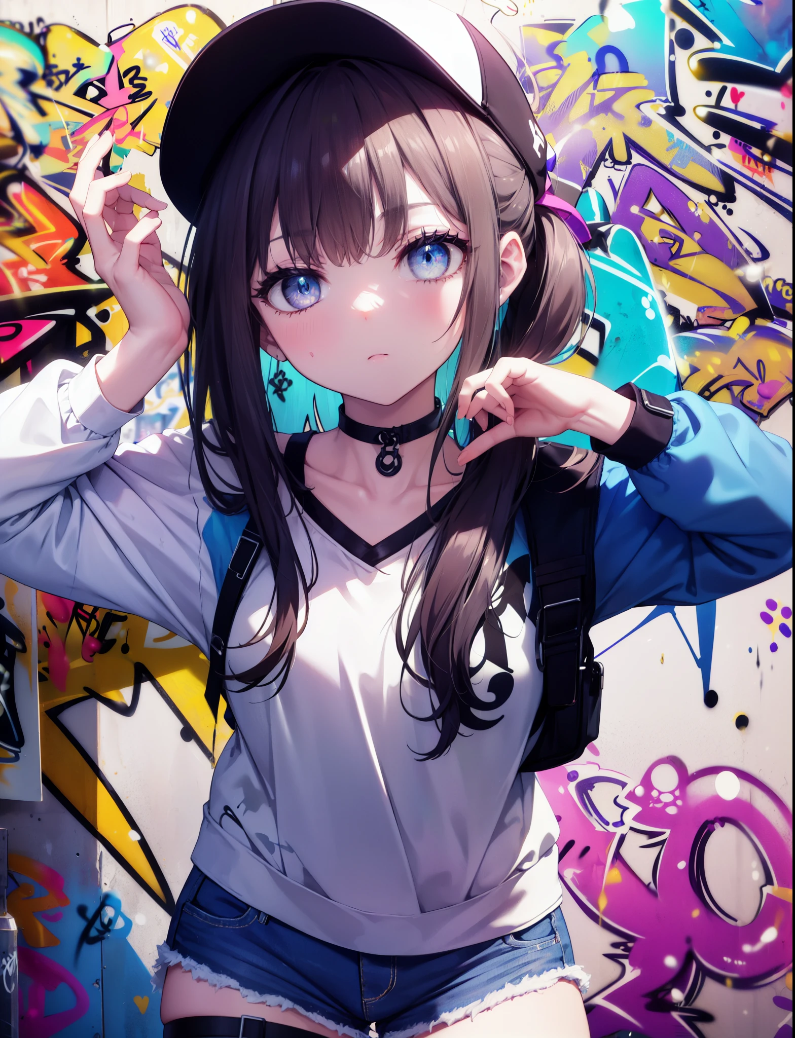 check it out, Inoue check, long hair, ponytail,have,bangs,baseball hat , black hair, (purple eyes:1.2),denim shorts, choker, (graffiti:1.5), paint splatters, turn your arms behind your back, towards the wall, looking at the viewer, armband, thigh strap, head tilt, was bored, ショートブーツ
break indoors,路地裏
break looking at viewer, (cowboy shot:1.5),
break (masterpiece:1.2), highest quality, High resolution, unity 8k wallpaper, (shape:0.8), (beautiful and detailed eyes:1.6), highly detailed face, highly detailed eyes,highly detailed nose,highly detailed mouth,perfect lighting, Very detailed CG, (perfect hands, perfect anatomy),