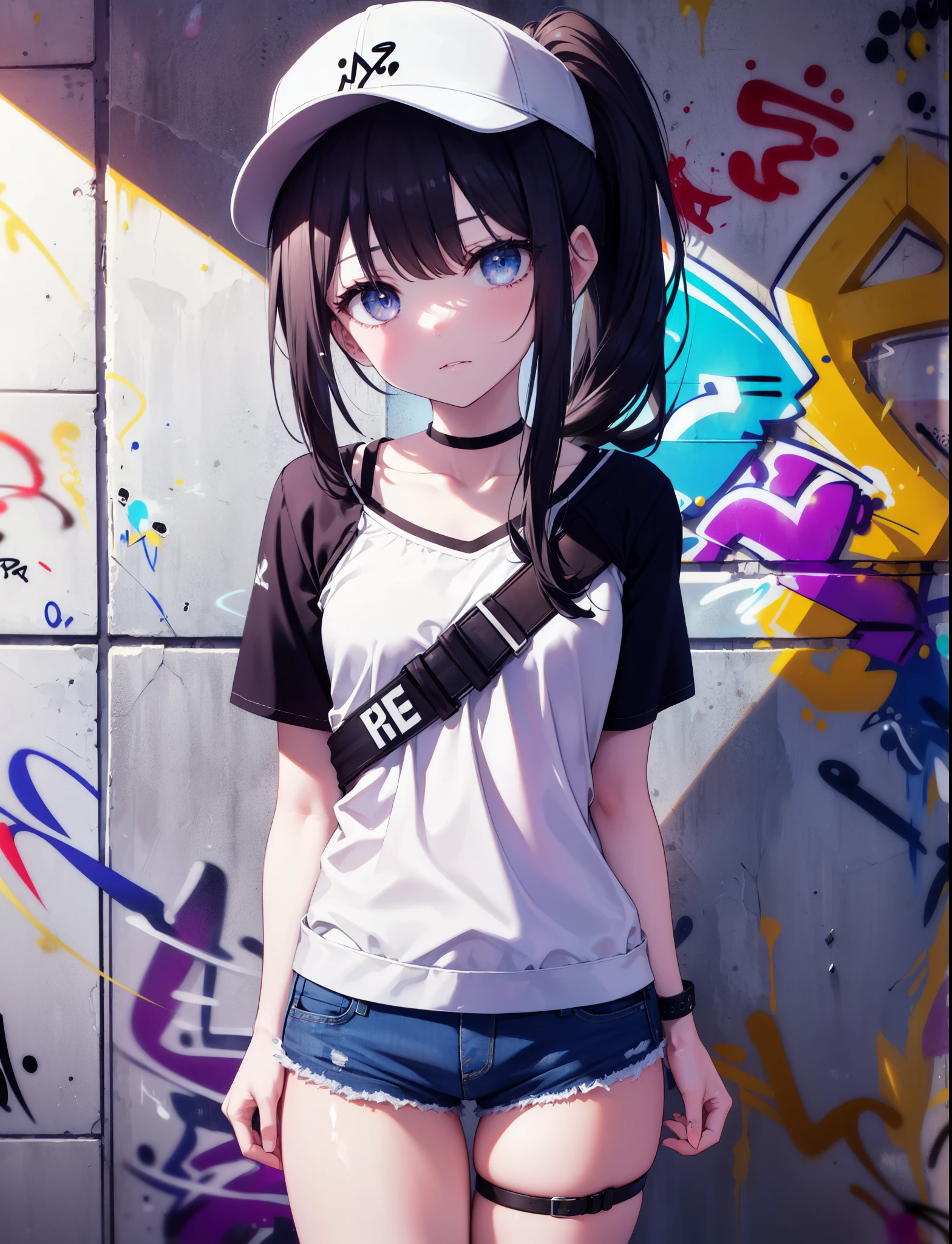 check it out, Inoue check, long hair, ponytail,have,bangs,baseball hat , black hair, (purple eyes:1.2),denim shorts, choker, (graffiti:1.5), paint splatters, turn your arms behind your back, towards the wall, looking at the viewer, armband, thigh strap, head tilt, was bored, ショートブーツ
break indoors,路地裏
break looking at viewer, (cowboy shot:1.5),
break (masterpiece:1.2), highest quality, High resolution, unity 8k wallpaper, (shape:0.8), (beautiful and detailed eyes:1.6), highly detailed face, highly detailed eyes,highly detailed nose,highly detailed mouth,perfect lighting, Very detailed CG, (perfect hands, perfect anatomy),