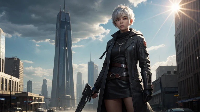 A beautiful girl with short silver hair, full height, clothes from the future but ruined, in a city with the theme of the future but similar to the apocalypse, in her hand a sword of light and a light from the sky and between the clouds shines on her, a fiery look