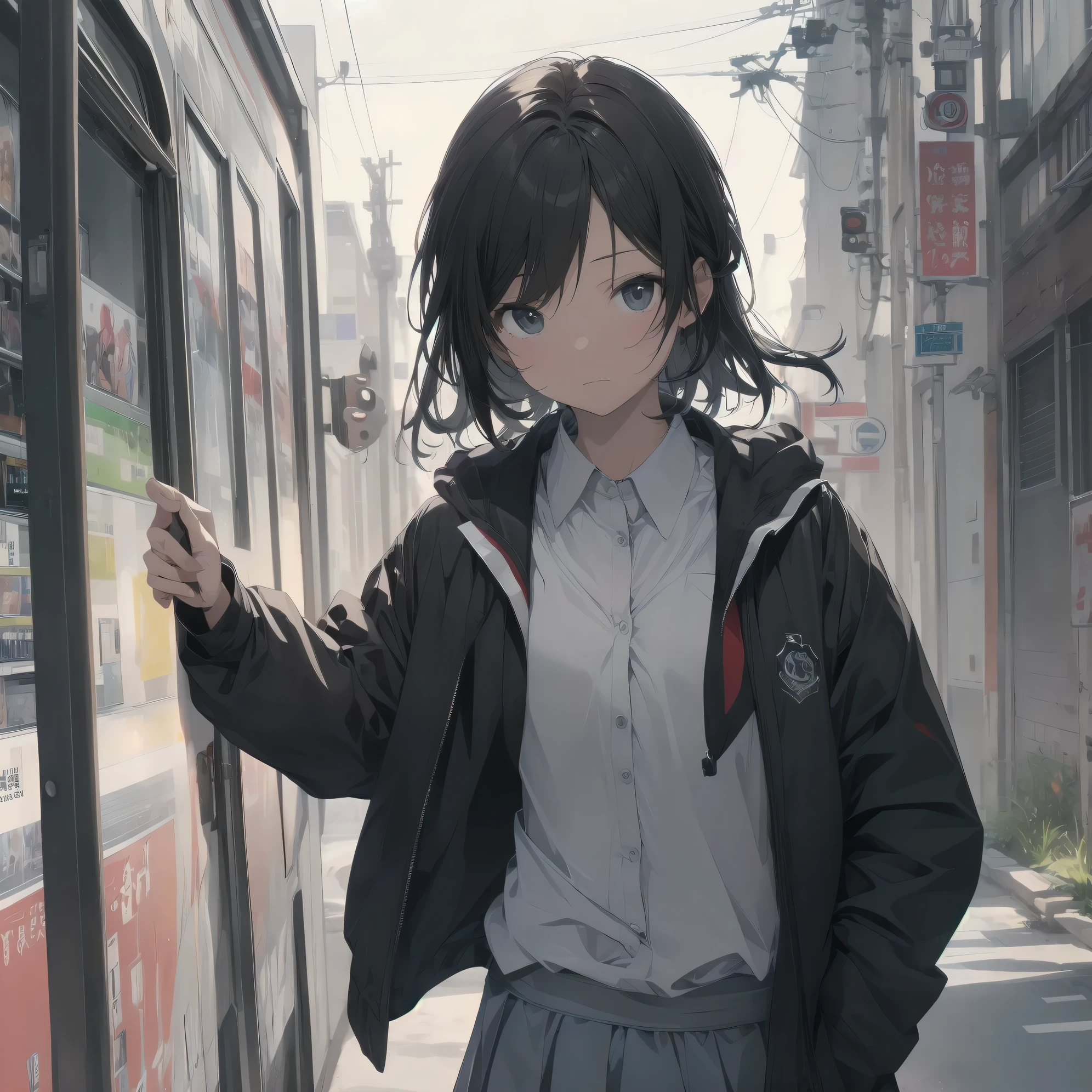 Super absurd quality by the god of art, super detailed, High resolution, anime moe art style, Best Anime 8K Kona-chan Wallpaper, pixiv contest winner, perfect anatomy, break,(眠そうにalone学校へ行く女の子を描いてください. )break,1 girl, (alone,little woman, 13 years old:1.3),All limbs, full finger,, The charm of an immature body, (very_short hair), bangs, small ass, between legs, small eyes, small black eyes, detailed and beautiful eyes, Well-proportioned iris and pupils, expressive eyes, High resolutionの詳細な髪, neck ribbon, skirt, collared shirt, pleated skirt, school uniform, school bag,(detailed lighting), (detailed background), cowboy shot, On the way to school. break,super dense skin, Best cinematic lighting powered by famous artist, 8k,Aesthetic illustration,photoshop_(Moderate),Absurd Hi-Res,Hmm,rough skin,break,((artist:dark black,)) artist:Rinzo, artist:hakasesuitchi, 