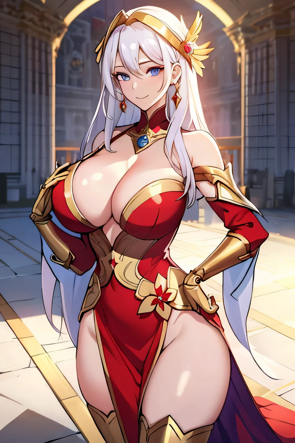Lian, long white hair, hair stick, bangs, blue eyes, solo, smiling, standing, upper body, hips, bare shoulders,purple thighhighs, red dress, gold jewelry,armor,gloves,circlet, , red and gold royal castle, gigantic breasts,quality, masterpiece, beautiful and aesthetic:1.2, highest detailed face, perfect face,) eyes, perfect face,expressive eyes,
looking at viewer, in the center of the image,(Upper_body),(Focus on her face),
official art,extremely detailed CG unity 8k wallpaper, perfect lighting,Colorful, Bright_Front_face_Lighting,shiny skin,
(masterpiece:1.0),(best_quality:1.0), ultra high res,4K,ultra-detailed