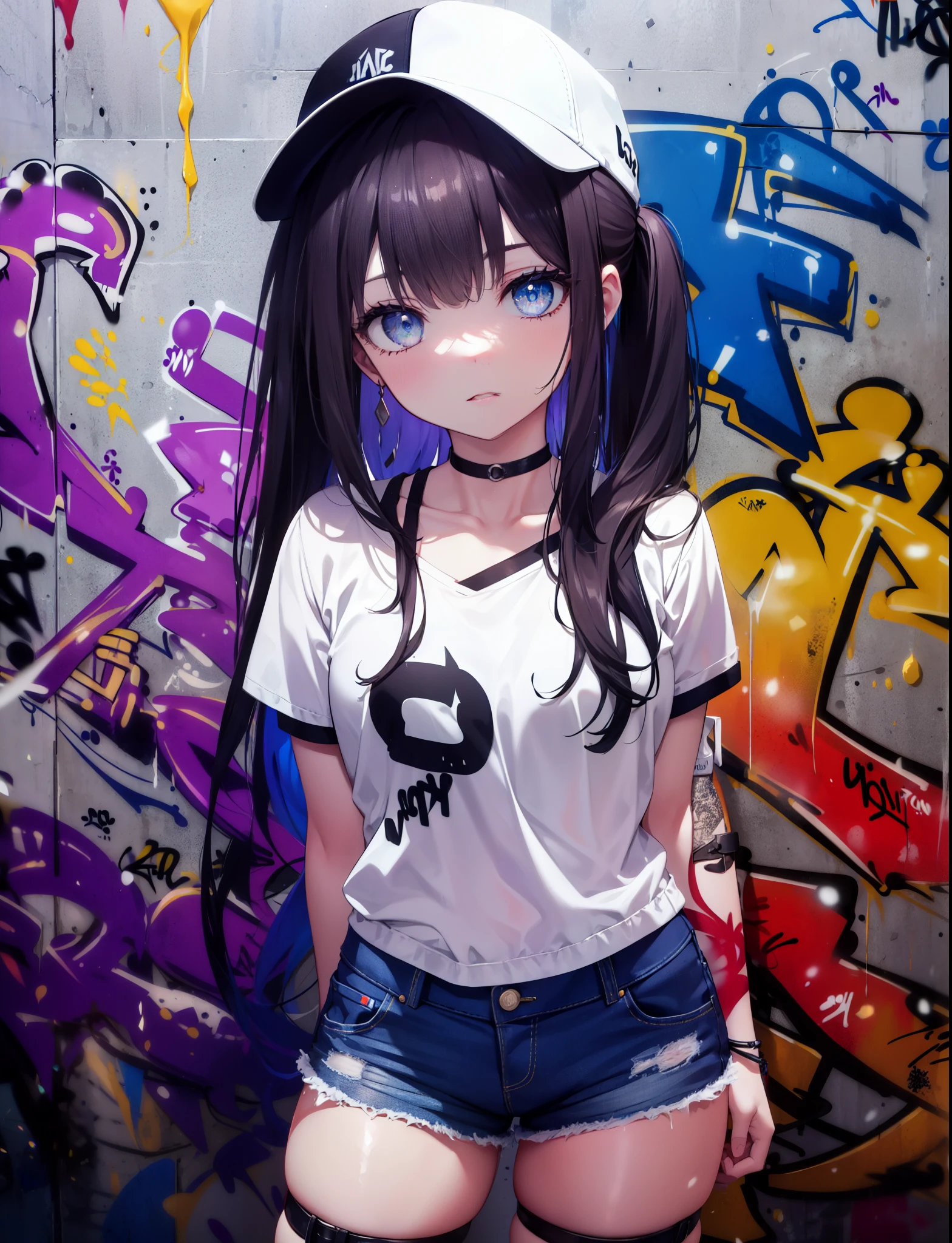 check it out, Inoue check, long hair, ponytail,have,bangs,baseball hat , black hair, (purple eyes:1.2),denim shorts, choker, (graffiti:1.5), paint splatters, turn your arms behind your back, towards the wall, looking at the viewer, armband, thigh strap, head tilt, was bored, ショートブーツ
break indoors,路地裏
break looking at viewer, (cowboy shot:1.5),
break (masterpiece:1.2), highest quality, High resolution, unity 8k wallpaper, (shape:0.8), (beautiful and detailed eyes:1.6), highly detailed face, highly detailed eyes,highly detailed nose,highly detailed mouth,perfect lighting, Very detailed CG, (perfect hands, perfect anatomy),