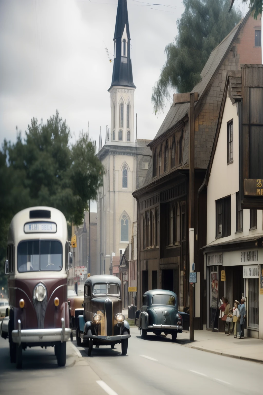 cars and buses driving down a street in front of a church, 1 9 4 0 s street scene, restored color, photo from 1940s, old color photo, driving through a 1 9 5 0 s town, 1 9 4 0 setting, colourized, historical photos circa 1 9 4 7, colorized, old color photograph, colorized photo, historical image