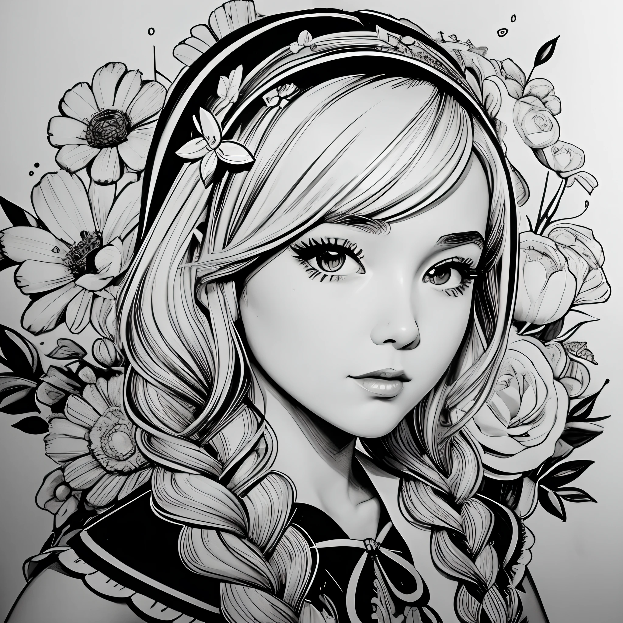 Black and white stick figure 1 girl with flowers, lots of flowers in background, in dress with flowers, its fine ink line art, comic style, portrait of ploynesian girl, Marilyn Munroe, Hollywood glam, beautiful line art, black and white comic style, manga style, manga art style, pencil and ink caricature drawing, black and white coloring