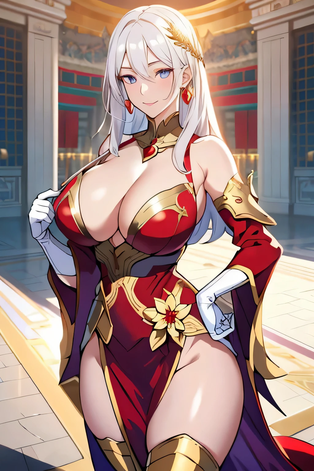 Lian, long white hair, hair stick, bangs, blue eyes, solo, smiling, standing, upper body, hips, bare shoulders,purple thighhighs, red dress, gold jewelry,armor,gloves,circlet, cleavage, red and gold royal castle, gigantic breasts, (best quality, masterpiece, beautiful and aesthetic:1.2, highest detailed face, perfect face,)  eyes, perfect face,expressive eyes,
looking at viewer, in the center of the image,(Upper_body),(Focus on her face),
official art,extremely detailed CG unity 8k wallpaper, perfect lighting,Colorful, Bright_Front_face_Lighting,shiny skin, 
(masterpiece:1.0),(best_quality:1.0), ultra high res,4K,ultra-detailed
