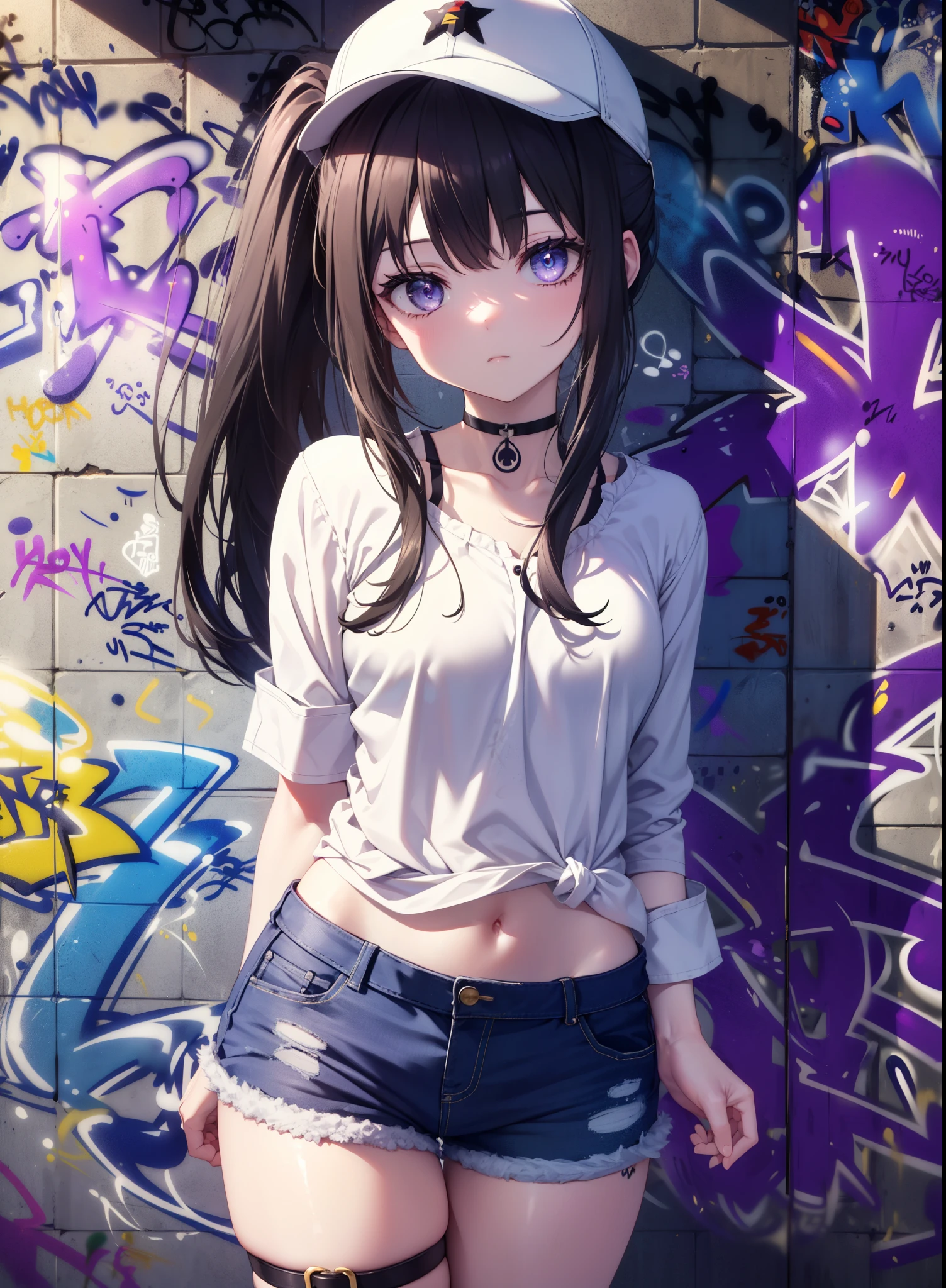 Takiuchi Kame, check it out, long hair, bangs, black hair, (purple eyes:1.2),ponytail,have,bangs,baseball hat , black hair, (purple eyes:1.2),denim shorts, choker, (graffiti:1.5), paint splatters, turn your arms behind your back, towards the wall, looking at the viewer, armband, thigh strap, head tilt, was bored, ショートブーツ
break outdoors, Alley,
break looking at viewer, (cowboy shot:1.5),
break (masterpiece:1.2), highest quality, High resolution, unity 8k wallpaper, (figure:0.8), (detailed and beautiful eyes:1.6), highly detailed face, perfect lighting, Very detailed CG, (perfect hands, perfect anatomy),