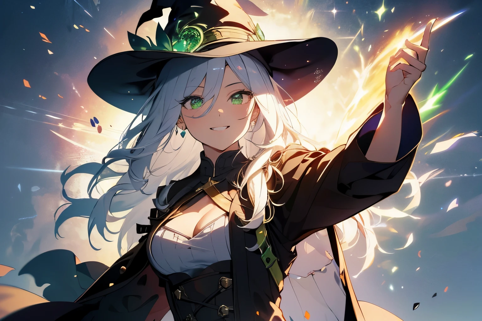 (ultra-detailed, perfect pixel, highres, best quality, beautiful eyes finely detailed), female, witch, full of magic aura, smile facial expression, sharp green eye color (glowing green eyes), white hair, long wavy hair, black middle age outfit, witch point hat, elegant, the background is full of magical particles. lens flare, glowing light, reflection light, motion blur, 8k, super detail, accurate, best quality, Ray tracing.