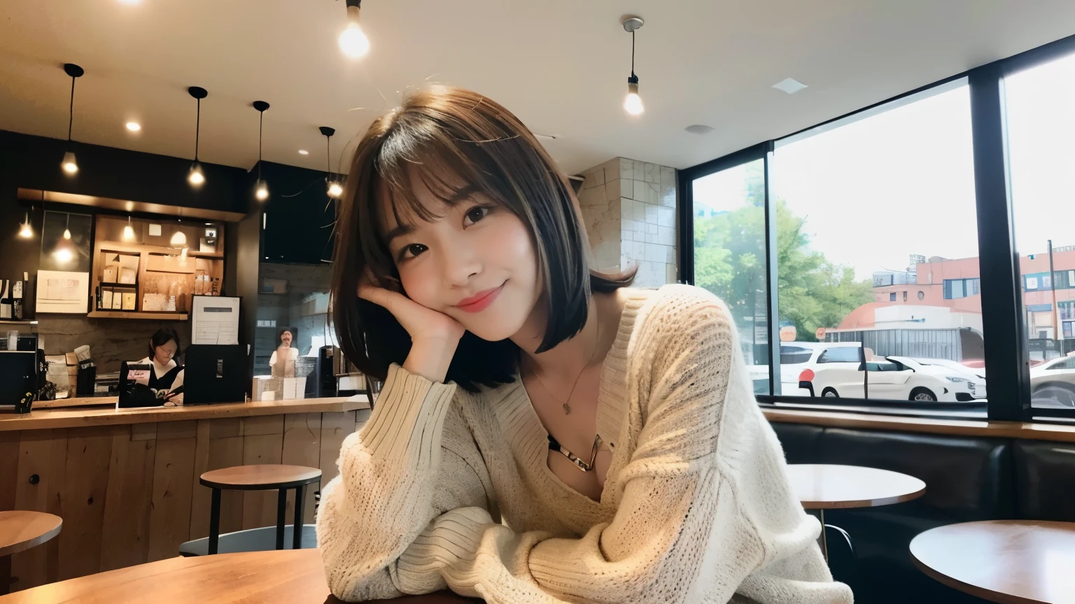 (最high quality、8k、32K、masterpiece:1.2)、A photo of a female college student who looks like a cute model、normal breasts、short bob hair、Upper body、face focus、extra large_sweater、necklace、look at the audience、background a trendy coffee shop with a unique aesthetic and atmosphere. Incorporate elements like modern furniture, artistic decoration, and ambient lighting to enhance the ambiance. People who enjoy drinks々Consider including, engaging in conversation, or quietly working on laptops. Let your creativity flow、In this chic café setting「stable diffusion」Let the idea come to life, I can see other customers enjoying themselves too..。At the back of the cafe、Staff are busy working at the counter.、Feel the vibrancy and warmth of a city cafe.., sharp focus, 1 girl, sexy 1.2, brown hair, With bangs, fine eyes, Beautiful eyes with long slits, double eyelid, (cat face), (cute Face), cute Smile, (close your mouth), (cute), soft skin, surreal, Super detailed, high quality, (Beautiful female college student with short hair studying in a cafe), ((詳細な非常にcute女子大生), 