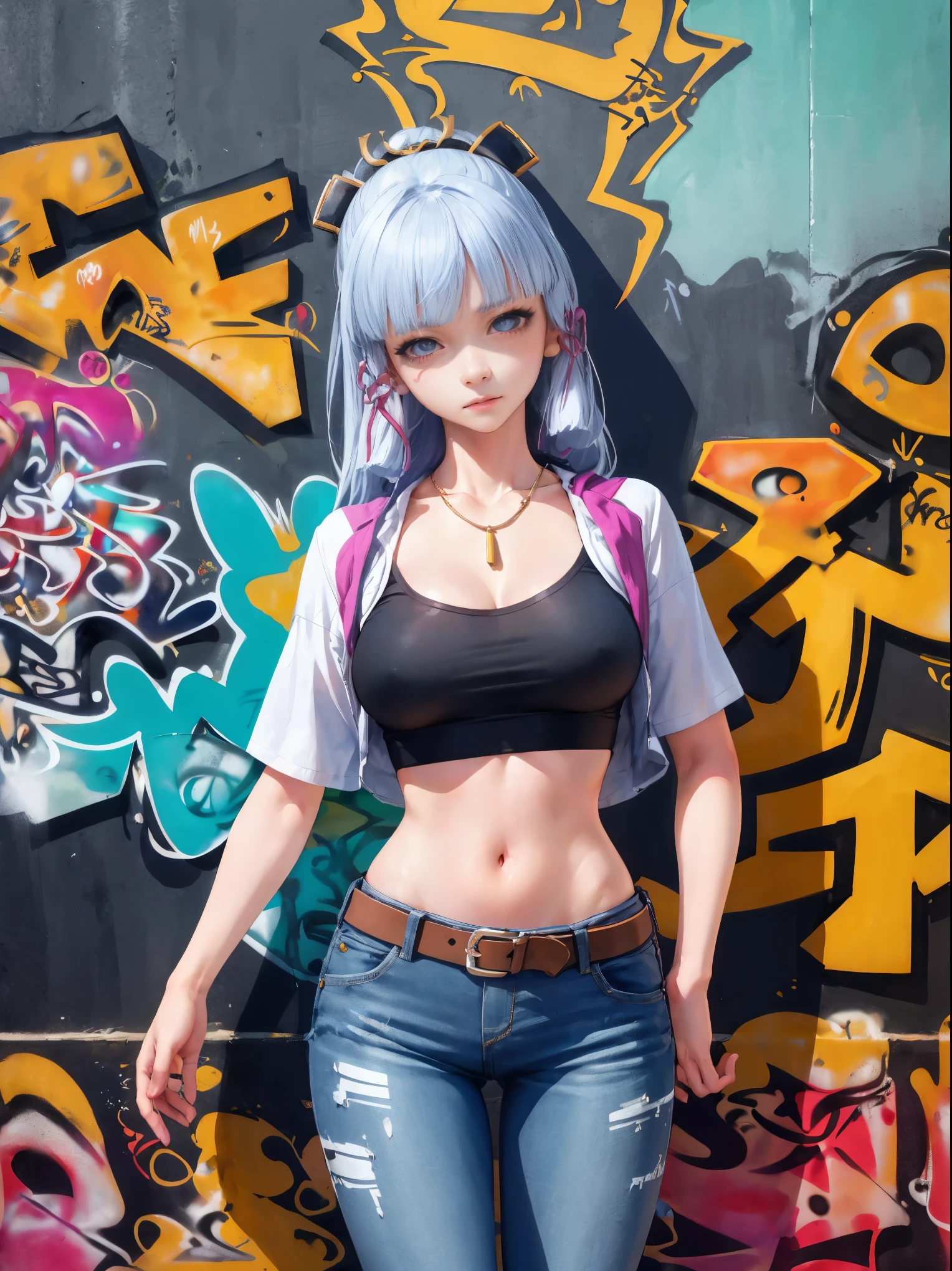 Kamisato Ayaka|Genshin Impact, Masterpiece, Best quality, 1Girls,25 years, proportional body, Outstretched legs, Beautiful, proportional., Crop top, Long Jeans, Medium breast, ,Just, Crop top, necklace, (Graffiti:1.5), Splash with purple lightning pattern., Arm behind the back, Against the walls, View viewers from front., Thigh belt, Head tilt, Monotonous,(NSTDA.:1.2), (10, Best quality, Masterpiece: 1.4), Beautiful red hair, Ultra precision, (vibrant, Realistic picture: 1.48), 20 years old, A nice girl, (Look through the Crop top.), Famous Japanese actors, عيون صافية Beautifulة, Head tilt, Cowboy shot, from front, Looking at the audience, Without expression, Beautiful lake, Zeiss 150mm F/ 2.8 Hasselblad, all the body, foot, Ultra wide angle,