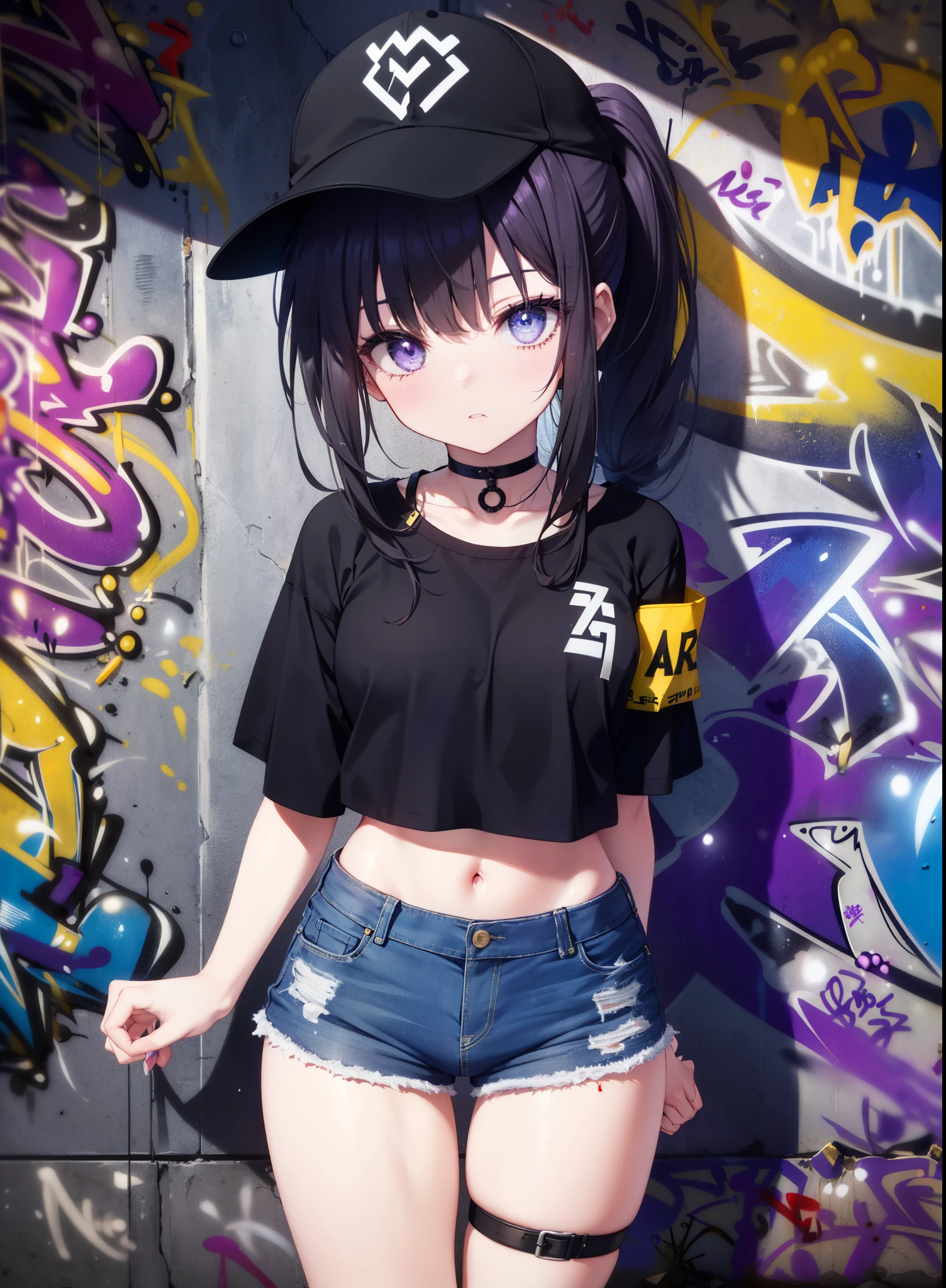 Takiuchi Kame, check it out, long hair, bangs, black hair, (purple eyes:1.2),ponytail,have,bangs,baseball hat , black hair, (purple eyes:1.2),denim shorts, choker, (graffiti:1.5), paint splatters, turn your arms behind your back, towards the wall, looking at the viewer, armband, thigh strap, head tilt, was bored, ショートブーツ
break outdoors, Alley,
break looking at viewer, (cowboy shot:1.5),
break (masterpiece:1.2), highest quality, High resolution, unity 8k wallpaper, (figure:0.8), (detailed and beautiful eyes:1.6), highly detailed face, perfect lighting, Very detailed CG, (perfect hands, perfect anatomy),