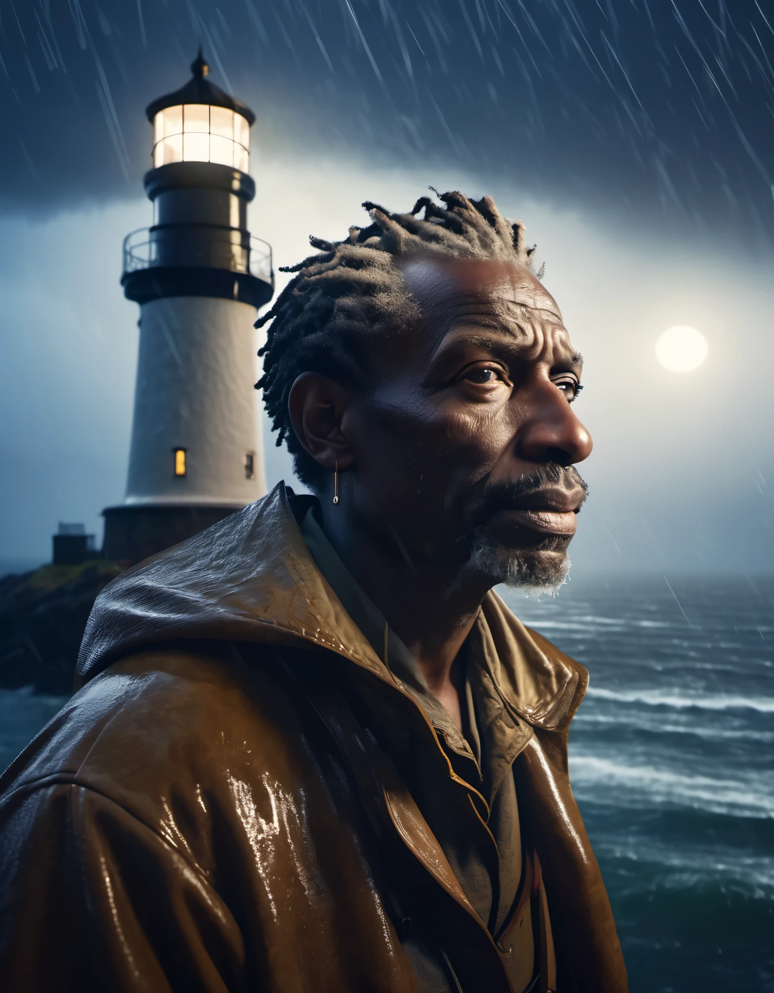 (A close up of a tower keeper standing on a towering lighthouse on the cliff with a searchlight held high),portrait，close up， He lowered his head to guide the ship in the distance.. He has rough brown skin and a wrinkled face. He is vicissitudes of life, Wearing a hooded raincoat, rough waves, beam, moonlight, background: Heavy rain is coming, photography, Andrey Remnev, masterpiece, tilin, realism, diablo, gothic art, The atmosphere is strong, unreal engine, Quixel Megascans rendering, V-ray, high detail, high quality, high resolution, art stage trends, surrealism, HD, 16k, depth of field (Every time), waist shot (WS), close up, Rembrandt lighting, Epic visuals, Top view,