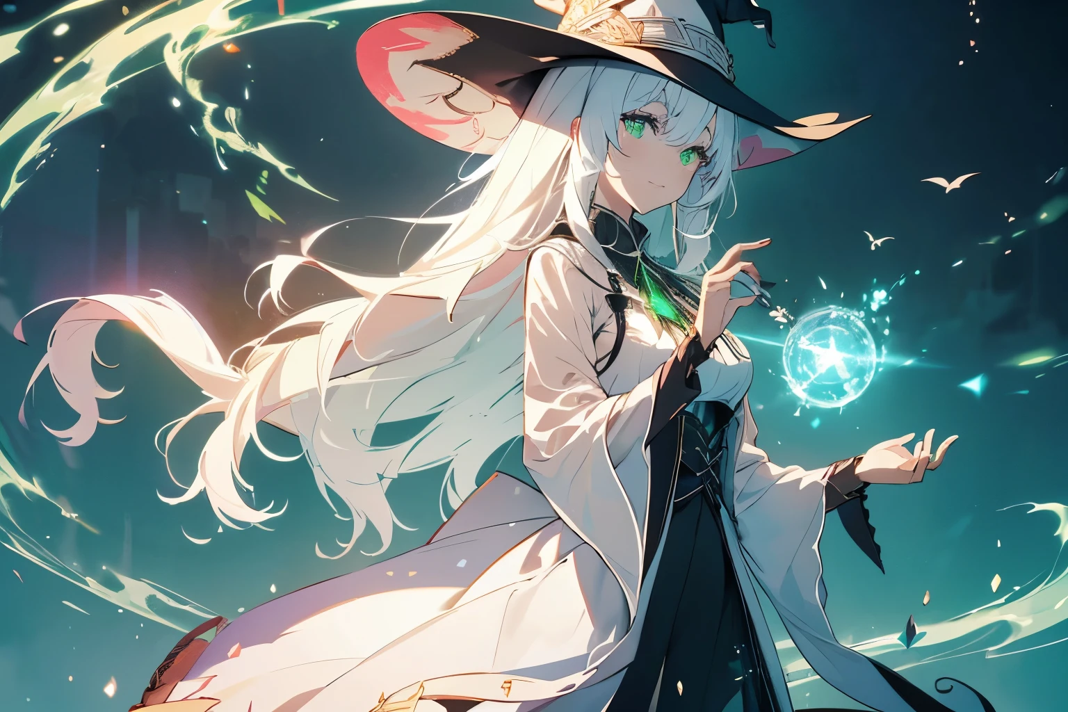 (ultra-detailed, perfect pixel, highres, best quality, beautiful eyes finely detailed), female, witch, full of magic aura, smirk facial expression, sharp green eye color (glowing green eyes), white hair, long wavy hair, black middle age outfit, witch point hat, elegant, the background is full of magical particles. lens flare, glowing light, reflection light, motion blur, 8k, super detail, accurate, best quality, Ray tracing.