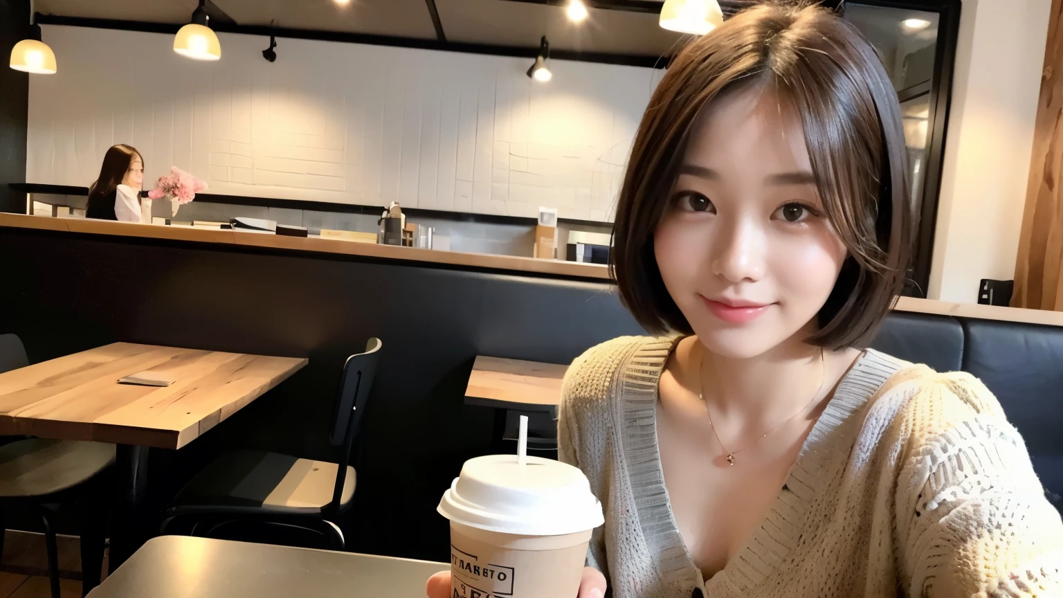 (最high quality、8k、32K、masterpiece:1.2)、A photo of a female college student who looks like a cute model、normal breasts、short bob hair、Upper body、face focus、extra large_sweater、necklace、look at the audience、background a trendy coffee shop with a unique aesthetic and atmosphere. Incorporate elements like modern furniture, artistic decoration, and ambient lighting to enhance the ambiance. People who enjoy drinks々Consider including, engaging in conversation, or quietly working on laptops. Let your creativity flow、In this chic café setting「stable diffusion」Let the idea come to life, I can see other customers enjoying themselves too..。At the back of the cafe、Staff are busy working at the counter.、Feel the vibrancy and warmth of a city cafe.., sharp focus, 1 girl, sexy 1.2, brown hair, With bangs, fine eyes, Beautiful eyes with long slits, double eyelid, (cat face), (cute Face), cute Smile, (close your mouth), (cute), soft skin, surreal, Super detailed, high quality, (Beautiful female college student with short hair studying in a cafe), ((詳細な非常にcute女子大生), 