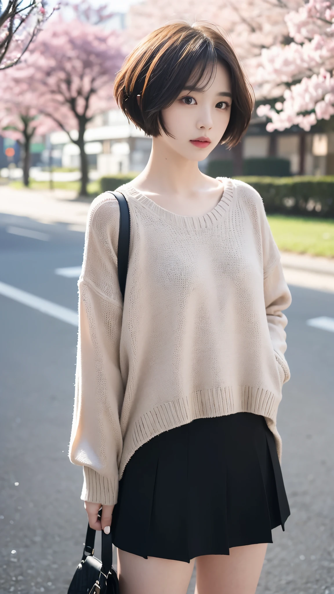 ((best quality, 8 thousand, masterpiece:1.4)), (1 woman), ((very small face:1.3)), (light나는 피부:1.5), beautiful body, ((Very short cut:1.5)), masterpiece, best quality, very detailed, illustration, wide angle, A girl is standing in the middle of the road, alone, Pink cherry trees on the central road and roadside, whole body, 20's, sweater, short skirt, fashion,, composition, balance, Harmony, rate, color, light, shadow, reflect, refraction, interval, difference, Panorama, center field, background, naturalistic, figurative, expressive, very_short_hair, absurdly_short_hair, colored_inner_hair,