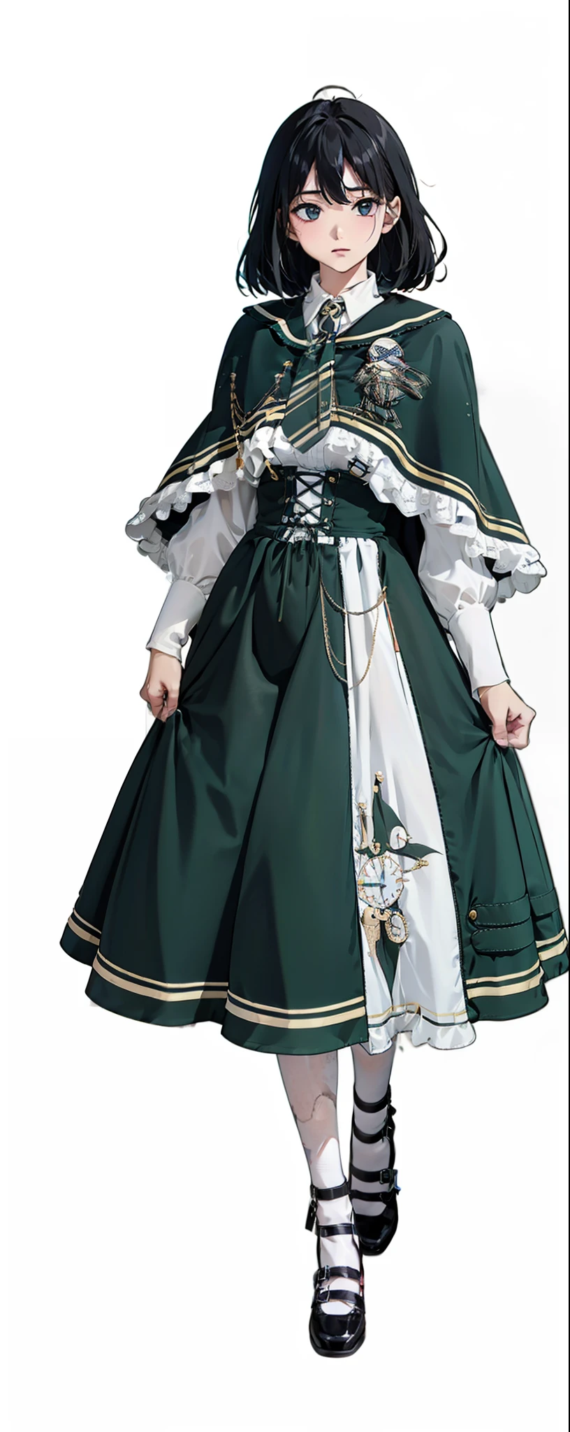 black hair,:cyb dress, collared shirt, long sleeves, necktie, capelet, frills, badge, long dress