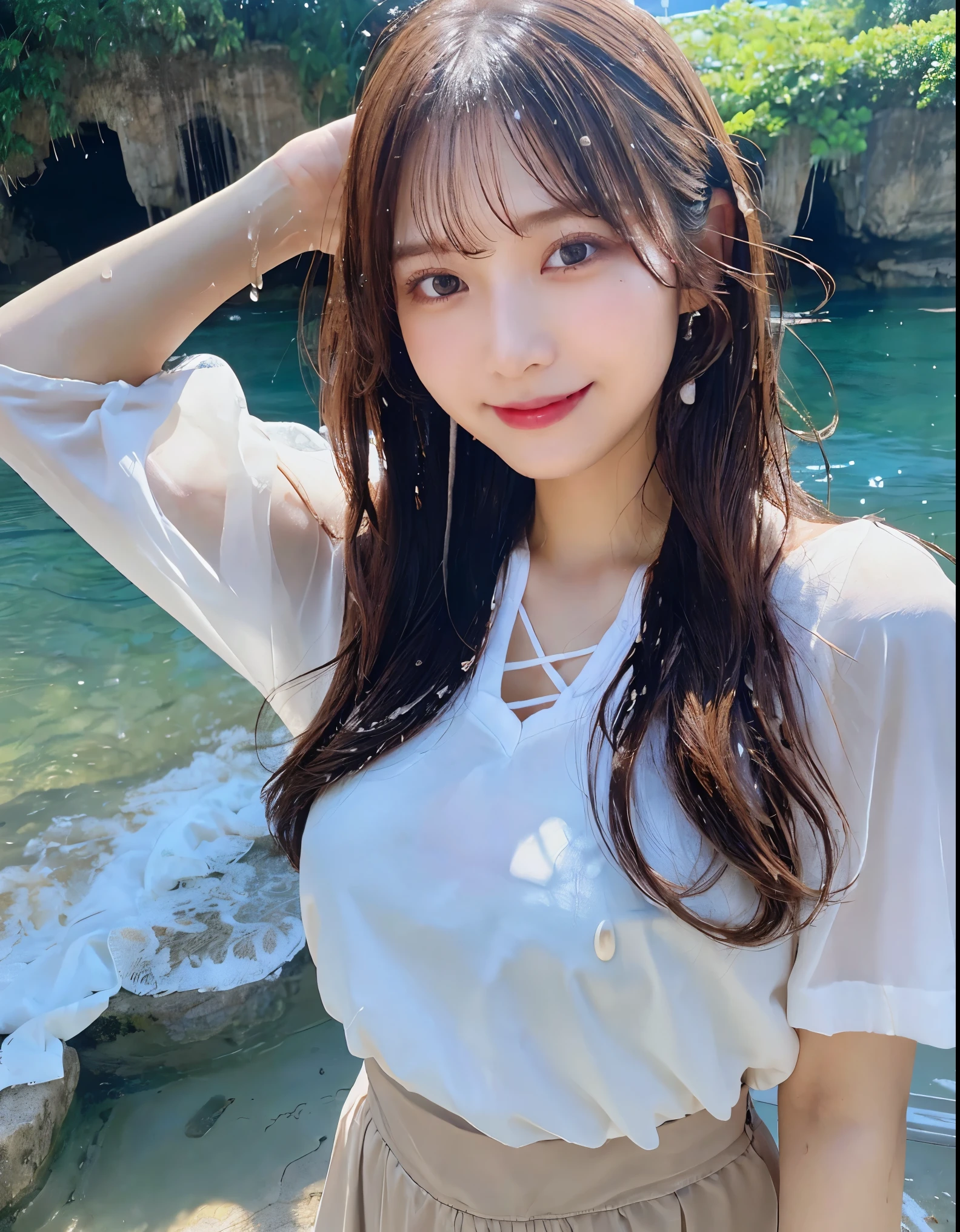 (((RAW photo , very detailed, highest quality, High resolution,)))
break、contrast、whole body、grin、break、brown hair color long straight hair 、cosmetics 、big breasts,break、see-through white Y-shirt:1.2、 break、Lace-up skirt、break、((drenched, soaking wet, dripping water, Wet all over, Wet 、))、 break、beach、outdoors、 blue sky