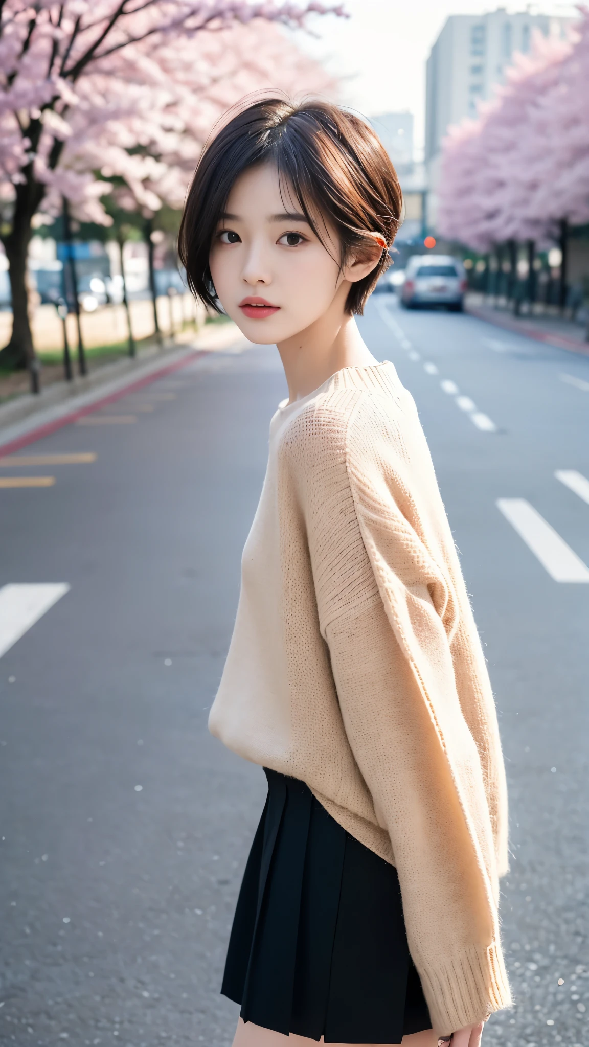 ((best quality, 8 thousand, masterpiece:1.4)), (1 woman), ((very small face:1.3)), (light나는 피부:1.5), beautiful body, ((Very short cut:1.5)), masterpiece, best quality, very detailed, illustration, wide angle, A girl is standing in the middle of the road, alone, Pink cherry trees on the central road and roadside, whole body, 20's, sweater, short skirt, fashion,, composition, balance, Harmony, rate, color, light, shadow, reflect, refraction, interval, difference, Panorama, center field, background, naturalistic, figurative, expressive, very_short_hair, absurdly_short_hair, colored_inner_hair,