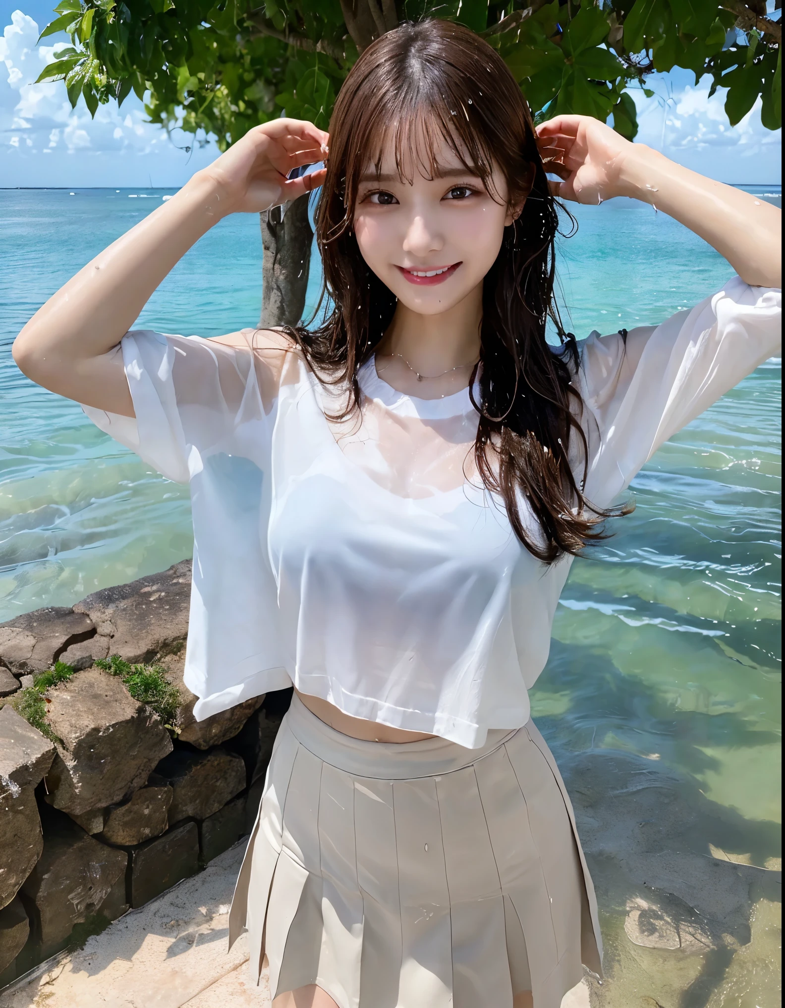 (((RAW photo , very detailed, highest quality, High resolution,)))
break、contrast、whole body、grin、break、brown hair color long straight hair 、cosmetics 、big breasts,break、see-through white Y-shirt:1.2、 break、Lace-up skirt、break、((drenched, soaking wet, dripping water, Wet all over, Wet 、))、 break、beach、outdoors、 blue sky