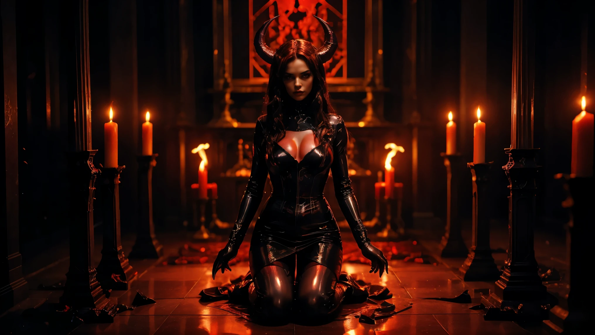 Demon sexy woman in latex kneeling during a satanic ritual, small , satanic ritual, front view, scary background, demonic woman, smoke, high waist mesh, latex, perfect body, half body, sensual posing, perfect face, perfect eyes, ultra detailed, photorealistic, masterpiece, intense red and yellow lighting effects, gothic,