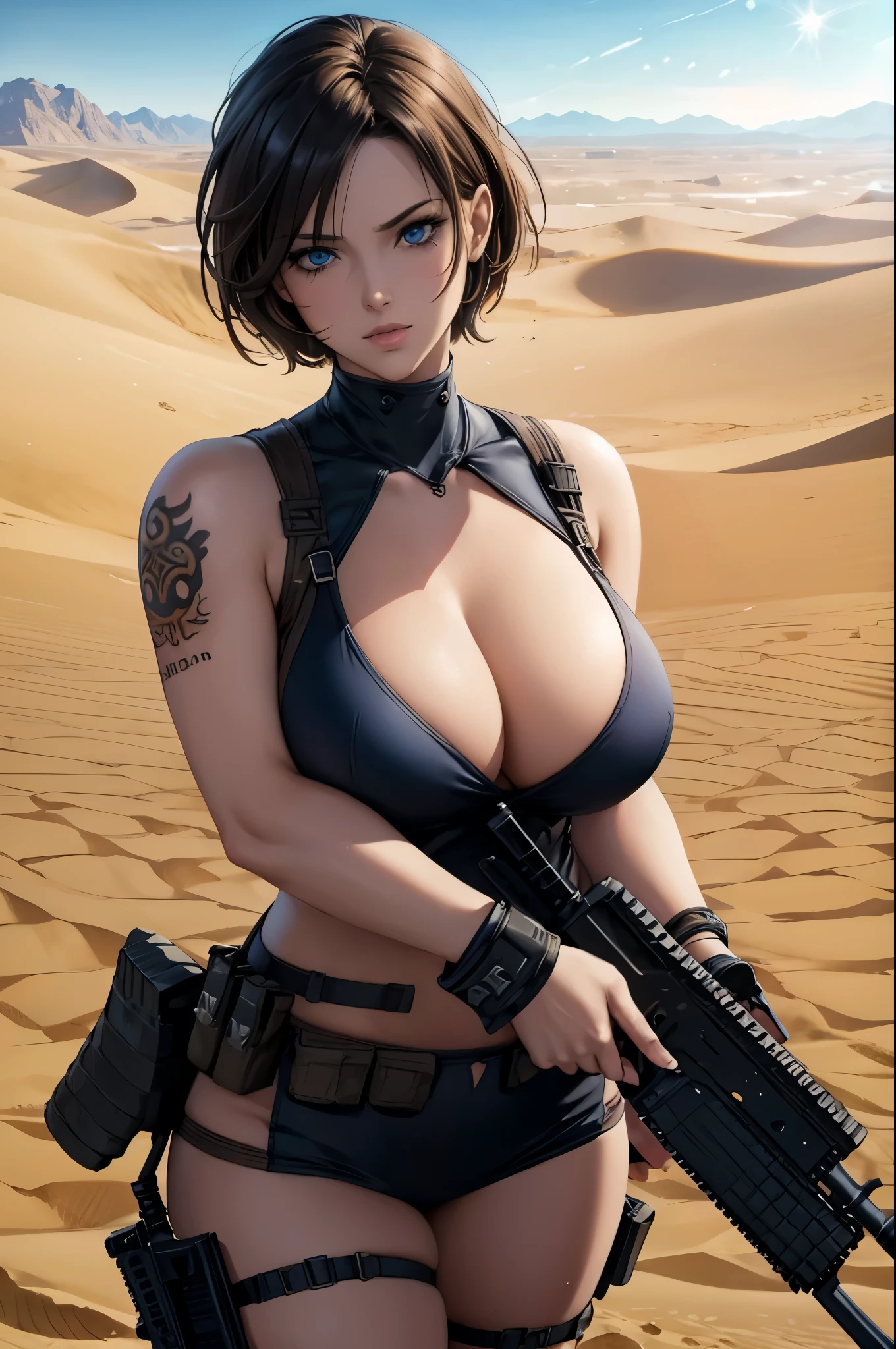 super fine illustration, ultra high resolution, masterpiece, highest quality, perfect shiny shinny skin, perfect lighting, detailed lighting, dramatic shadow, ray tracing, 1 beautiful milf, looking at the viewer, big breasts, exposed cleavage, beautiful detailed blue eyes, sharp face, clear eyes, long bangs, short cut hair, ((desert:1.2)), ((battle of desert:1.35)), ((desert tanks:1.35)), cowboy shot, battle suit, ammunition belt, necklace, Jill Valentine - Resident Evil Series, ((tattoo)), ((holding Assault Rifle:1.5)),