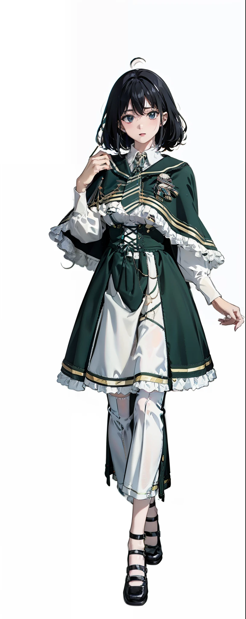 black hair,:cyb dress, collared shirt, long sleeves, necktie, capelet, frills, badge, long dress