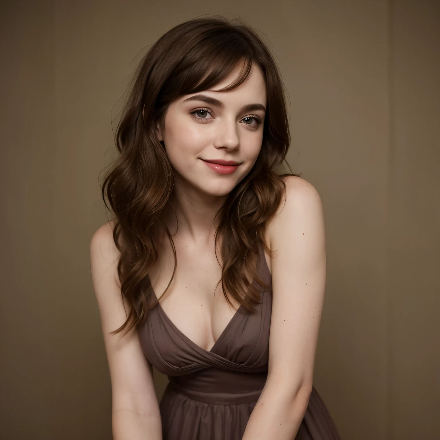 Sophia Lillis, slender woman, long wavy hair, photograph quality, eyeshadow and lipstick, Photo Booth poses, tight long dress, grinning, cleavage