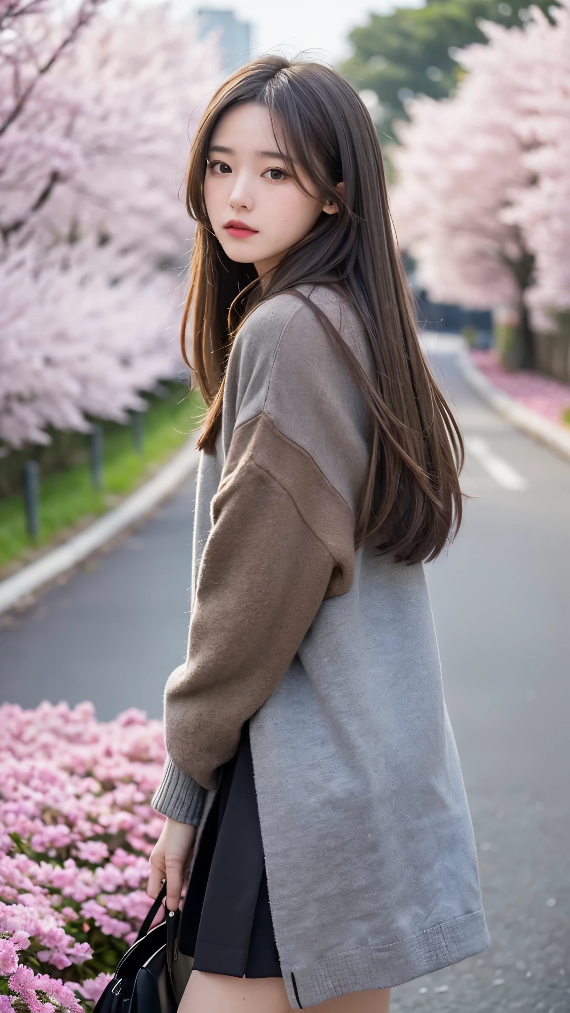 ((best quality, 8 thousand, masterpiece:1.4)), (1 woman), ((very small face:1.3)), beautiful body, masterpiece, best quality, very detailed, illustration, wide angle, A girl is standing in the middle of the road, alone, Pink cherry trees on the central road and roadside, whole body, 20's, sweater, short skirt, fashion,, composition, balance, Harmony, rate, color, light, shadow, reflect, refraction, interval, difference, Panorama, center field, background, naturalistic, figurative, expressive, (gray,brown, colored_inner_hair:1.3)