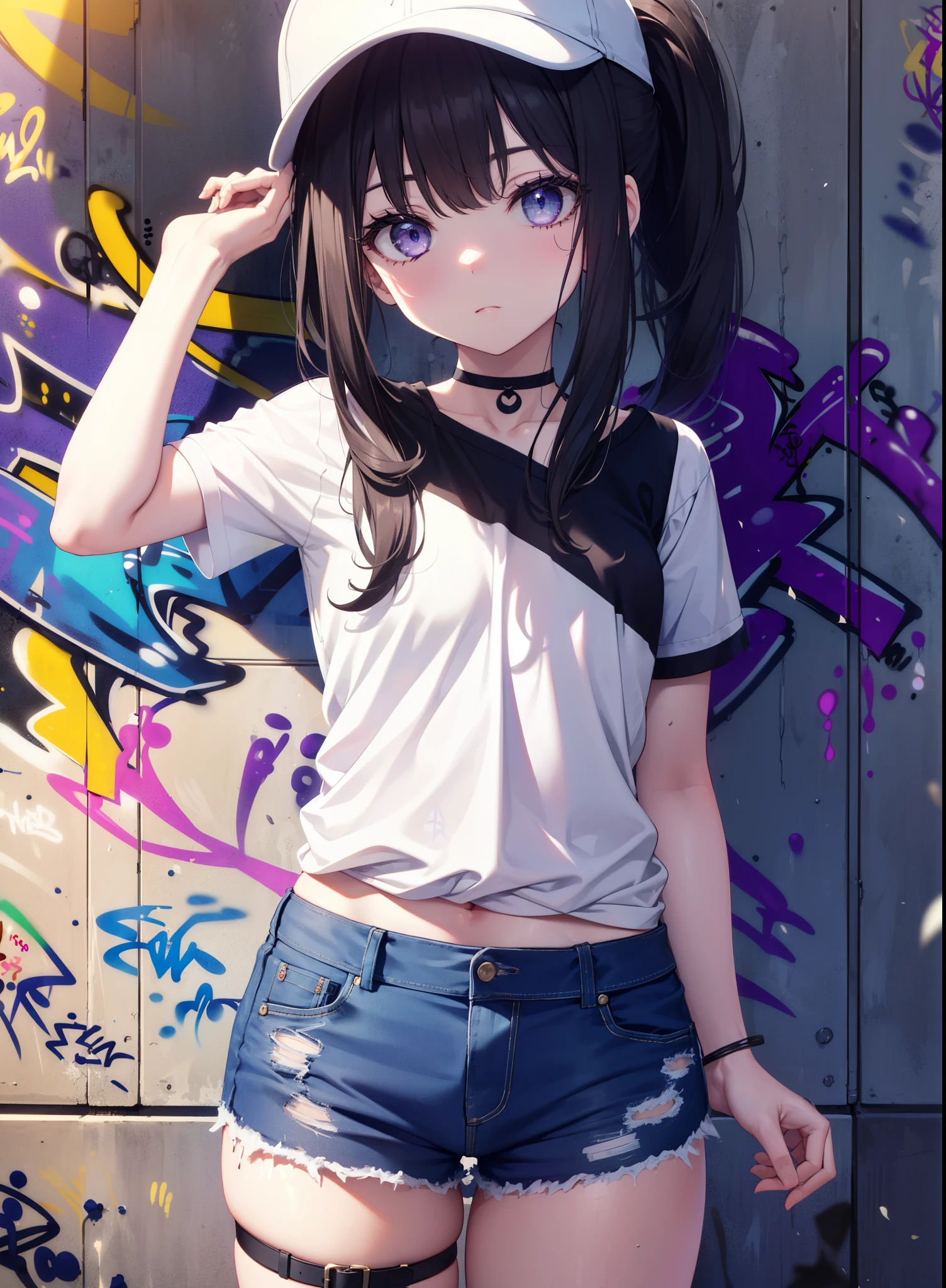 Takiuchi Kame, check it out, long hair, bangs,  black hair, (purple eyes:1.2),ponytail,have,bangs,baseball hat , black hair, (purple eyes:1.2),denim shorts, choker, (graffiti:1.5), paint splatters, turn your arms behind your back, towards the wall, looking at the viewer, armband, thigh strap, head tilt, was bored, ショートブーツ
break outdoors, Alley,
break looking at viewer, (cowboy shot:1.5),
break (masterpiece:1.2), highest quality, High resolution, unity 8k wallpaper, (figure:0.8), (detailed and beautiful eyes:1.6), highly detailed face, perfect lighting, Very detailed CG, (perfect hands, perfect anatomy),