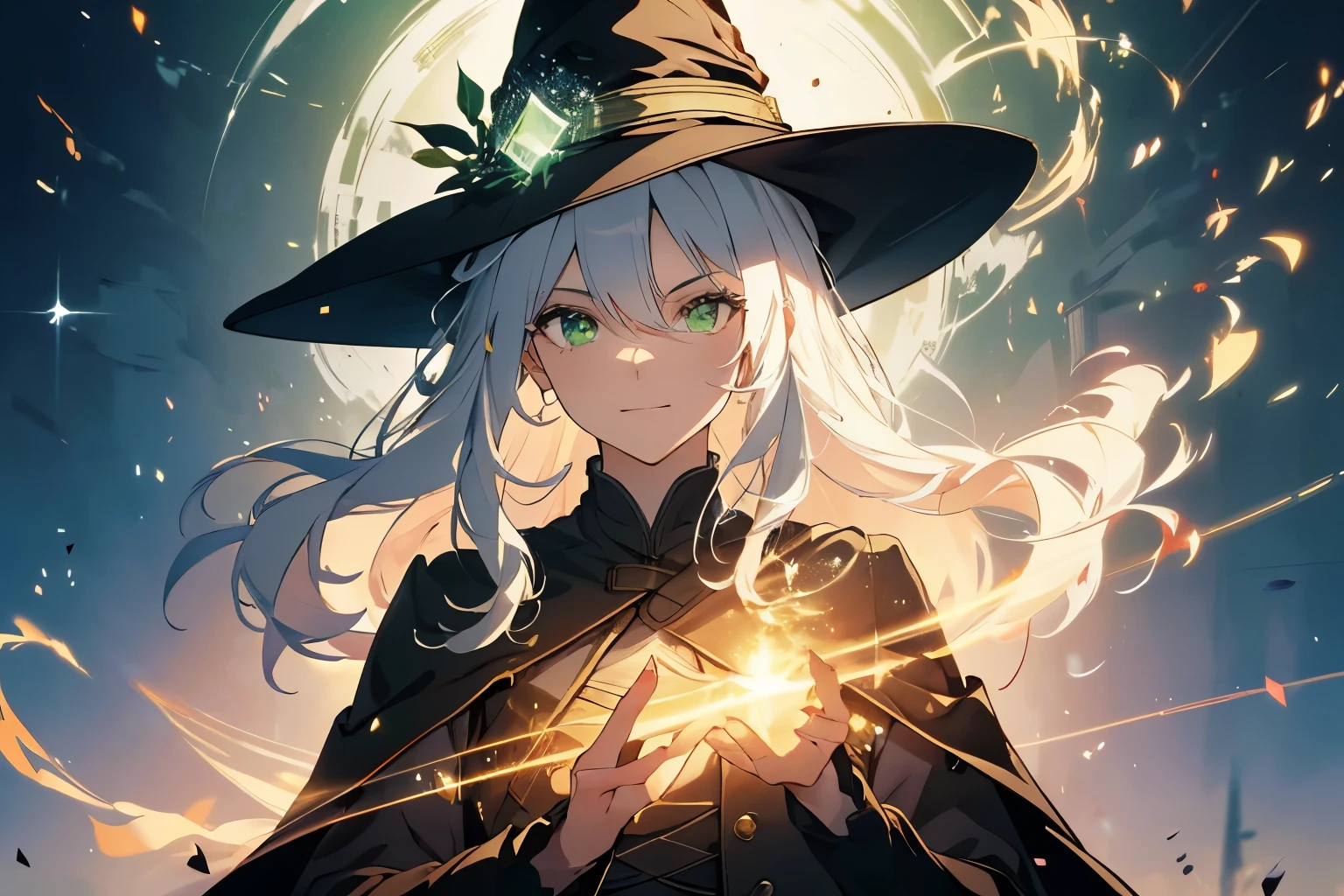 (ultra-detailed, perfect pixel, highres, best quality, beautiful eyes finely detailed), male, wizard, full of magic aura, smirk facial expression, sharp green eye color (glowing green eyes), white hair, black middle age outfit, witch point hat, elegant, the background is full of magical particles. lens flare, glowing light, reflection light, motion blur, 8k, super detail, accurate, best quality, Ray tracing.