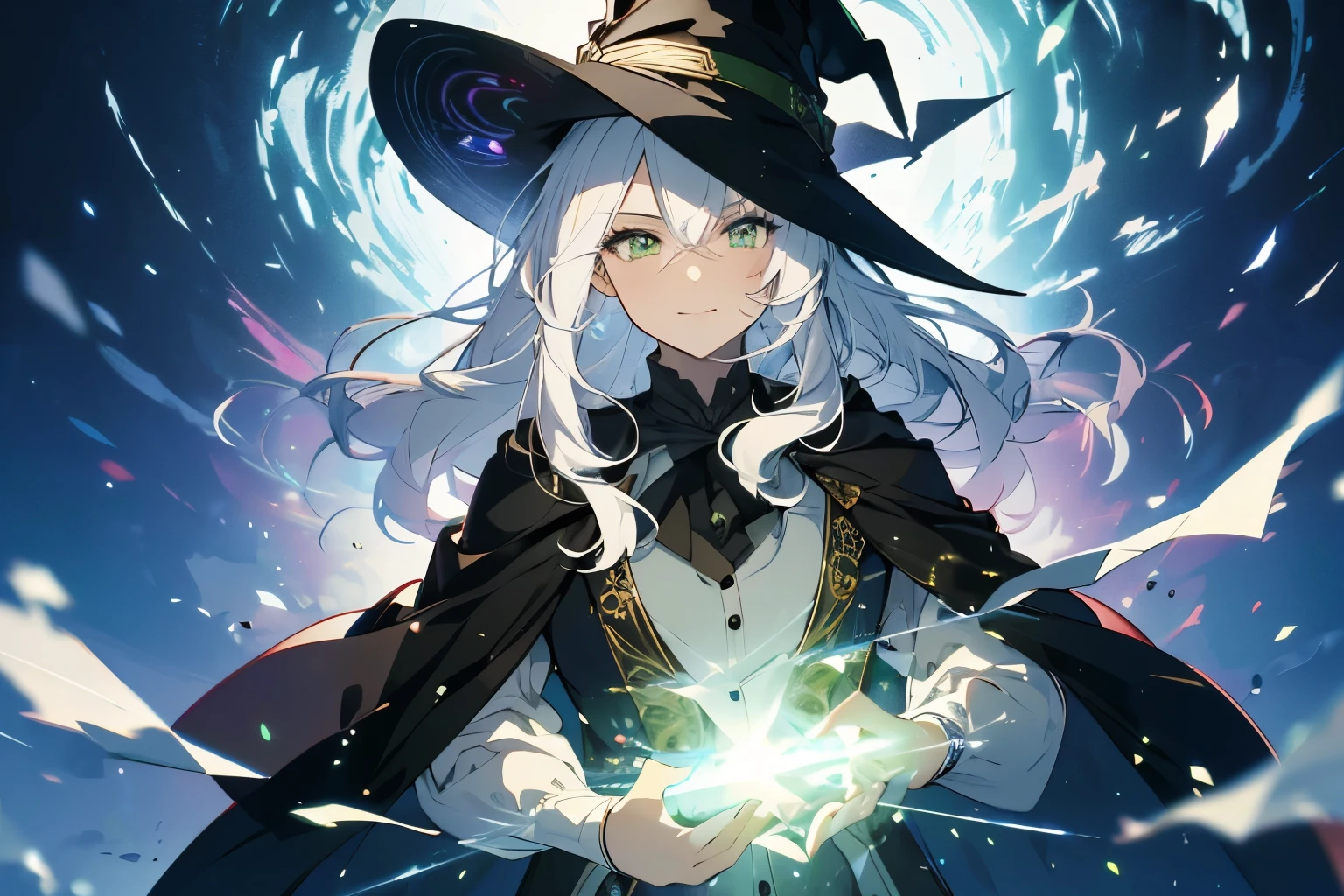 (ultra-detailed, perfect pixel, highres, best quality, beautiful eyes finely detailed), male, wizard, full of magic aura, smirk facial expression, sharp green eye color (glowing green eyes), white hair, black middle age outfit, witch point hat, elegant, the background is full of magical particles. lens flare, glowing light, reflection light, motion blur, 8k, super detail, accurate, best quality, Ray tracing.