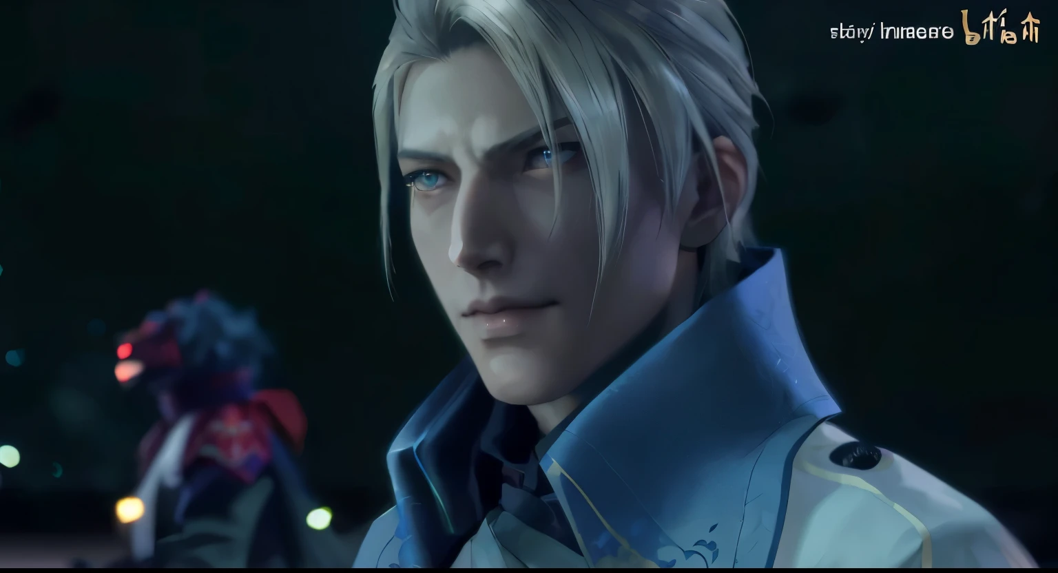 a man with chiseled face, smirking, dark sapphire eyes, close up of a person, Rufus Shinra, Final Fantasy, FF7, golden hair, handsome man, androgynous prince, delicate androgynous prince, handsome prince, zhongli from genshin impact, heise jinyao, casimir art, genshin, loong, royal elegant pose, taisho roman, granblue fantasy