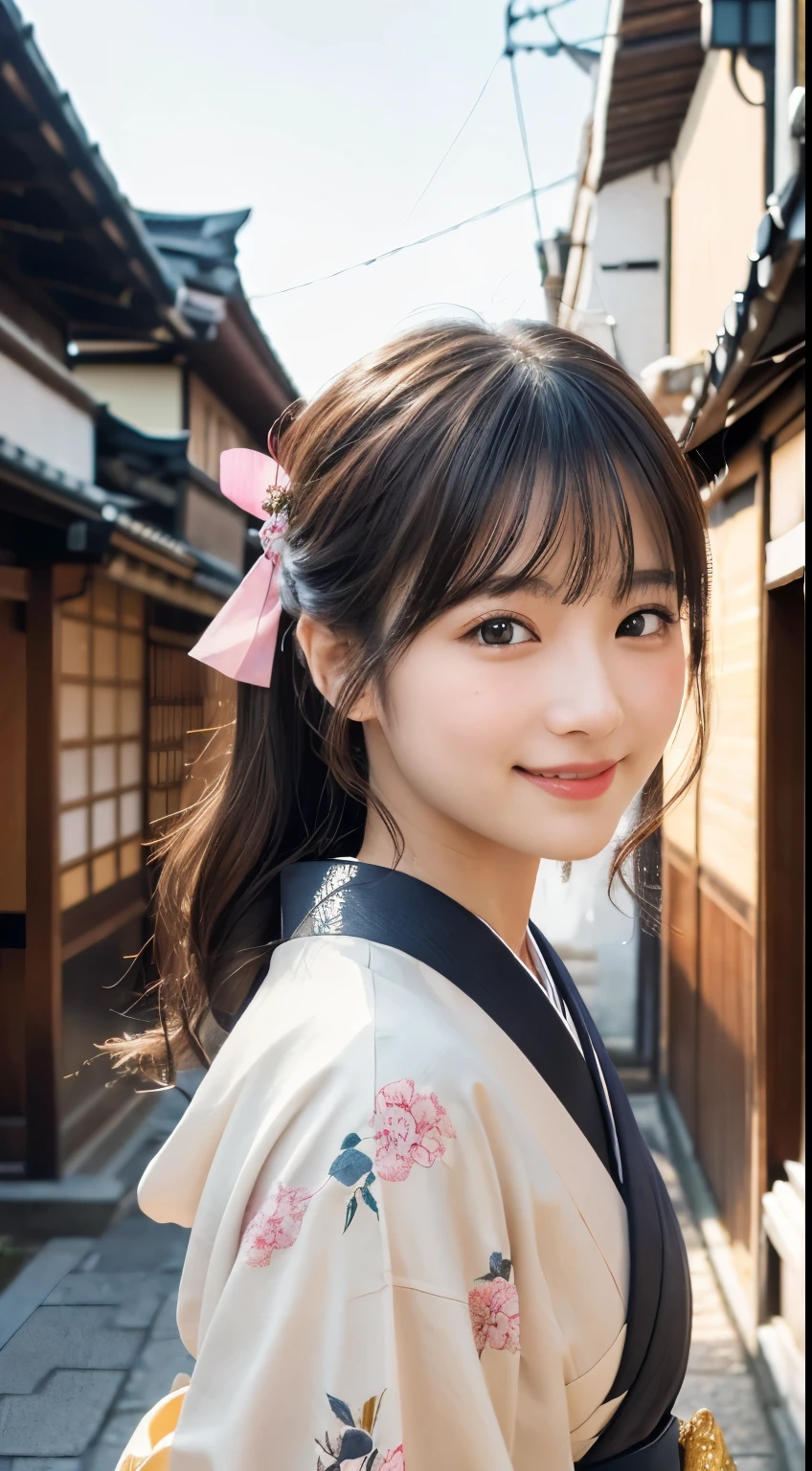 professional lighting,(Photoreal:1.4), (Top image quality:1.0), (超A high resolution:1.0), 8k, Raw photography, (masterpiece:0.2), (Pueros face_v1:0.5)、(最高quality Detail:1.2)、realistic、8k UHD、High resolution、(1 girl:1.2)、超detailedな、High quality textures、intricate details、detailed、Very detailed CG、High quality shadows、detailed 美しく繊細な顔、Beautiful details and delicate eyes、(symmetrical eyes:1.2),Depth of the bounds written、ray tracing,1 girl, japanese girl, (natural smile:1.4),cute, thin, Portrait of a beautiful Japanese woman wearing a kimono, Standing elegantly on a street corner in Kyoto. A kimono with bright traditional patterns, Hair decorated with an elegant and delicate hairpin, and a gentle expression. (Against the backdrop of the old streets of Kyoto:1.4)、soft light on a spring afternoon、adds tranquility to the scene. Rendered in a realistic style with great attention to detail, High resolutionの画像.sky porn, magic hour, (realistic:1.3), finely, quality, (table top:1.2), (realistic:1.2), (最高quality), (複雑なdetailed), dramatic, ray tracing, photograph, +roller