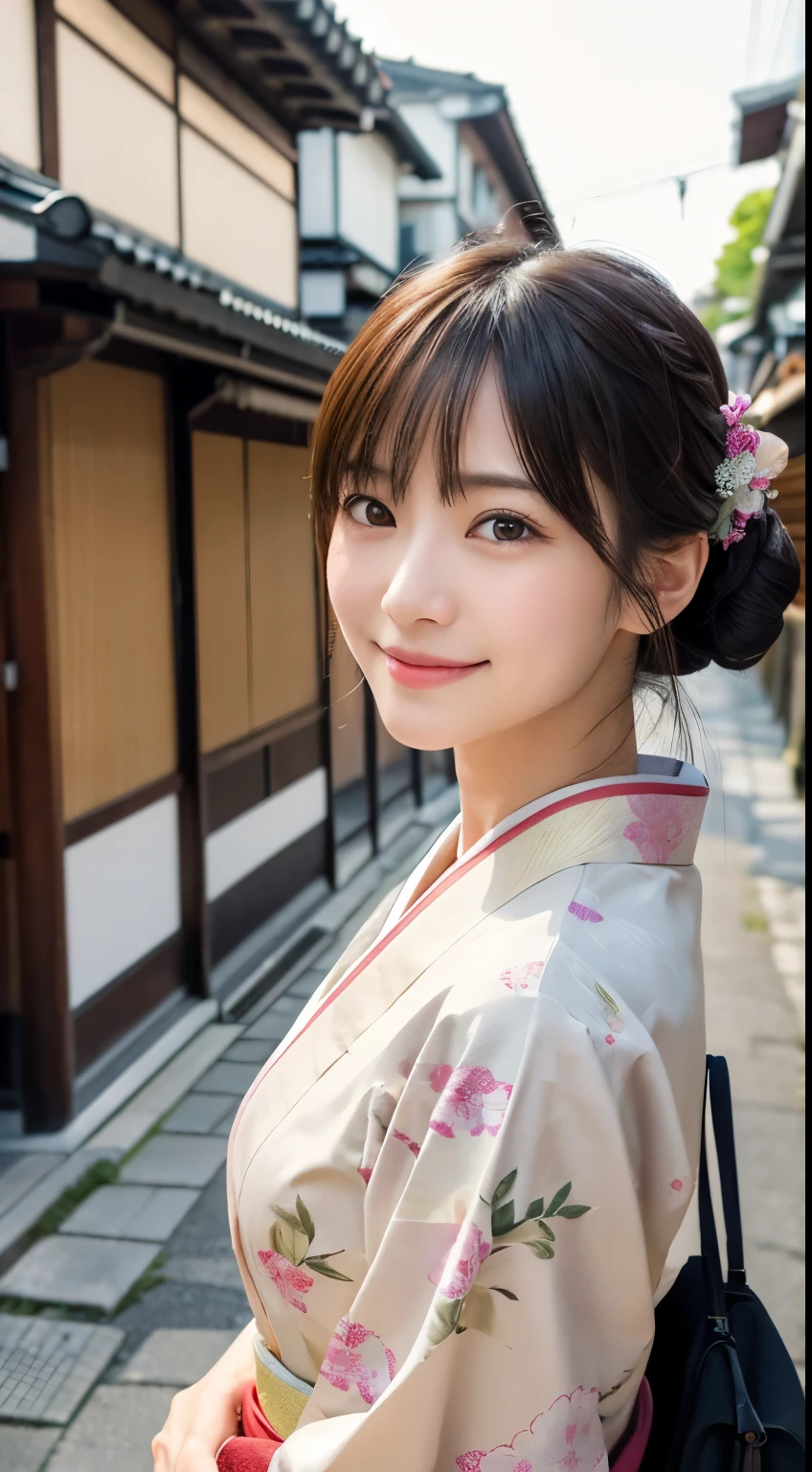 professional lighting,(Photoreal:1.4), (Top image quality:1.0), (超A high resolution:1.0), 8k, Raw photography, (masterpiece:0.2), (Pueros face_v1:0.5)、(最高quality Detail:1.2)、realistic、8k UHD、High resolution、(1 girl:1.2)、超detailedな、High quality textures、intricate details、detailed、Very detailed CG、High quality shadows、detailed 美しく繊細な顔、Beautiful details and delicate eyes、(symmetrical eyes:1.2),Depth of the bounds written、ray tracing,1 girl, japanese girl, (natural smile:1.4),cute, thin, Portrait of a beautiful Japanese woman wearing a kimono, Standing elegantly on a street corner in Kyoto. A kimono with bright traditional patterns, Hair decorated with an elegant and delicate hairpin, and a gentle expression. (Against the backdrop of the old streets of Kyoto:1.4)、soft light on a spring afternoon、adds tranquility to the scene. Rendered in a realistic style with great attention to detail, High resolutionの画像.sky porn, magic hour, (realistic:1.3), finely, quality, (table top:1.2), (realistic:1.2), (最高quality), (複雑なdetailed), dramatic, ray tracing, photograph, +roller