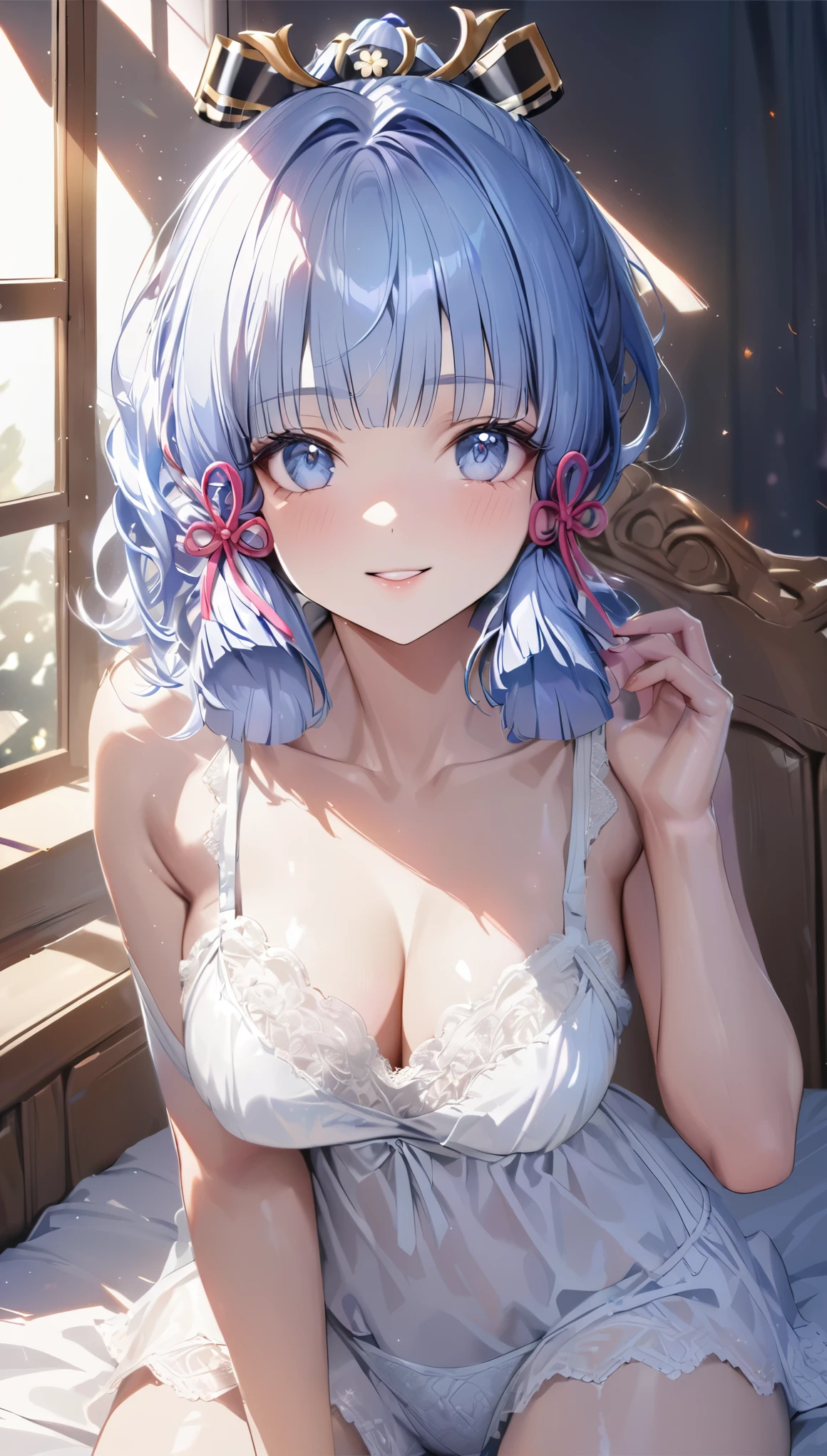 Ayaka,blue hair,beautiful face,smiling,close up to hips,moderate breast,sitting on a bed,wearing white sleepwear,illustration,detailed textures,ultra-detailed(realistic),portrait style,vivid colors,soft lighting.