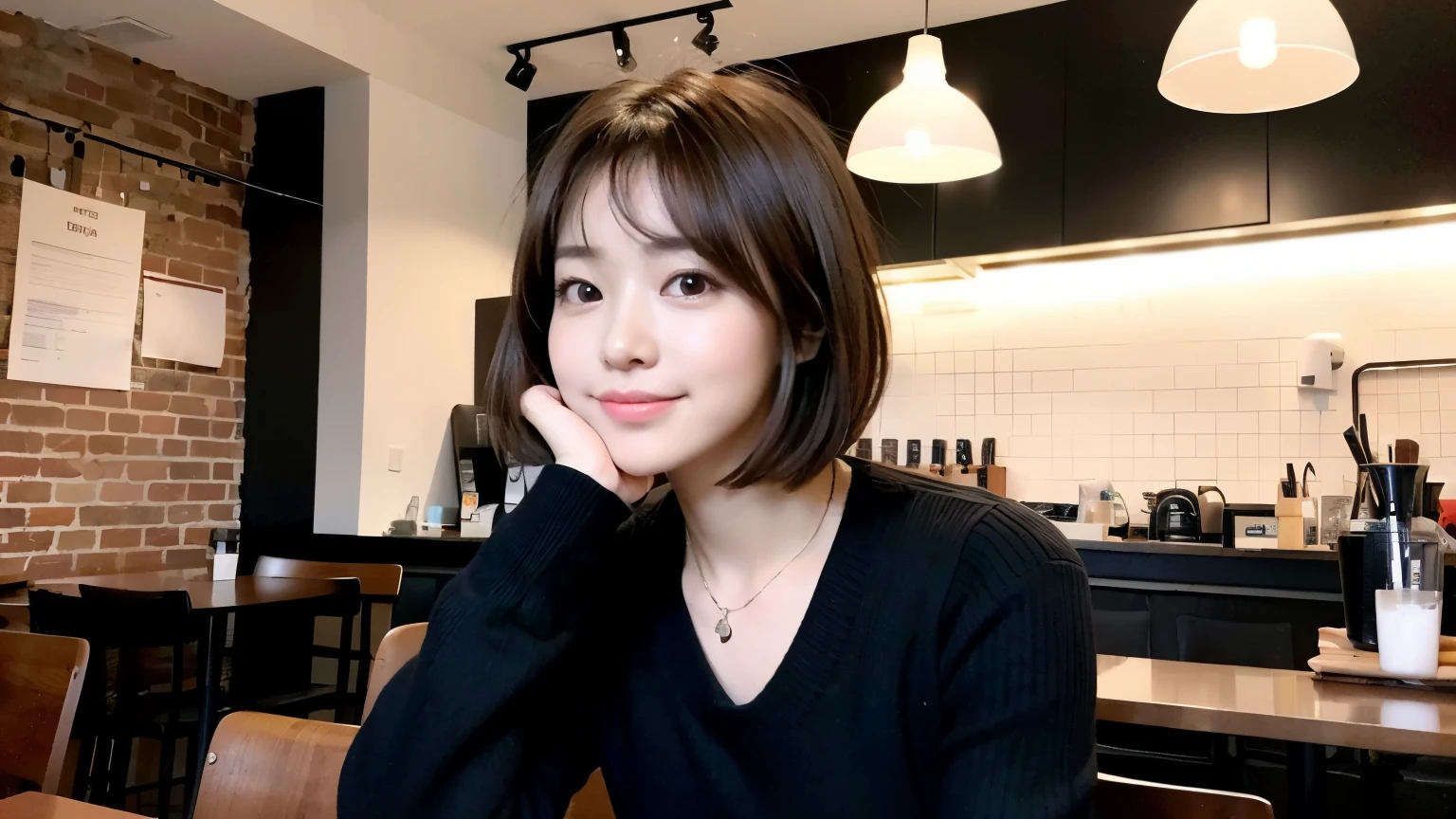 (最high quality、8k、32K、masterpiece:1.2)、A photo of a female college student who looks like a cute model、normal breasts、short bob hair、Upper body、face focus、extra large_sweater、necklace、look at the audience、background a trendy coffee shop with a unique aesthetic and atmosphere. Incorporate elements like modern furniture, artistic decoration, and ambient lighting to enhance the ambiance. People who enjoy drinks々Consider including, engaging in conversation, or quietly working on laptops. Let your creativity flow、In this chic café setting「stable diffusion」Let the idea come to life, I can see other customers enjoying themselves too..。At the back of the cafe、Staff are busy working at the counter.、Feel the vibrancy and warmth of a city cafe.., sharp focus, 1 girl, sexy 1.2, brown hair, With bangs, fine eyes, Beautiful eyes with long slits, double eyelid, (cat face), (cute Face), cute Smile, (close your mouth), (cute), soft skin, surreal, Super detailed, high quality, (Beautiful female college student with short hair studying in a cafe), ((詳細な非常にcute女子大生),
