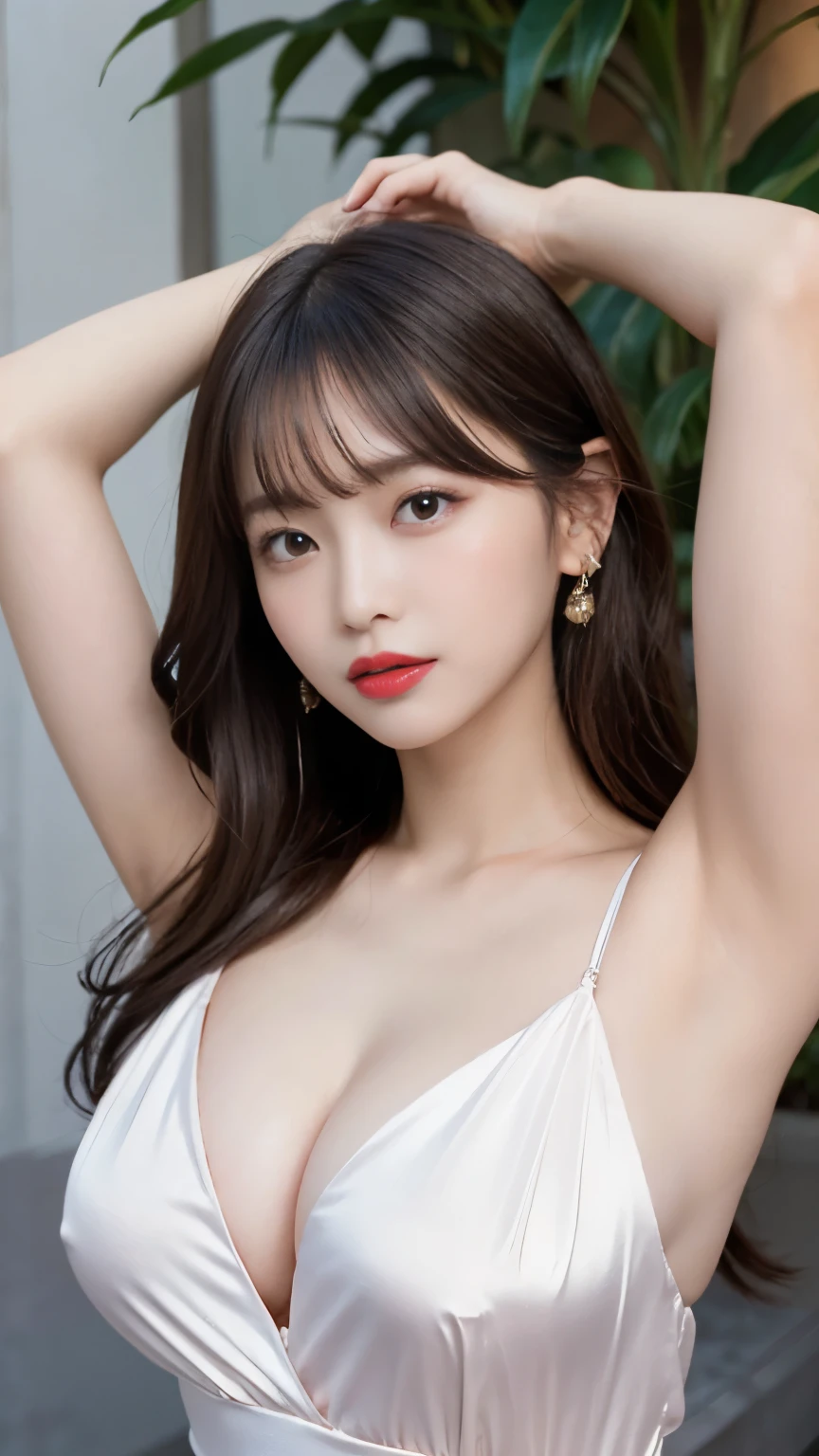 (masterpiece, side light),(arm behind head), realistic, Glossy skin,shiny skin,facial light,shiny face, ( girl),korean dress,pink cheeks, (huge breasts:1.1),embrace your chest,(tie one&#39;s tongue:1),, facial light,shiny face,Glossy skin,shiny skin, (whole body),bold pose, white dress,close