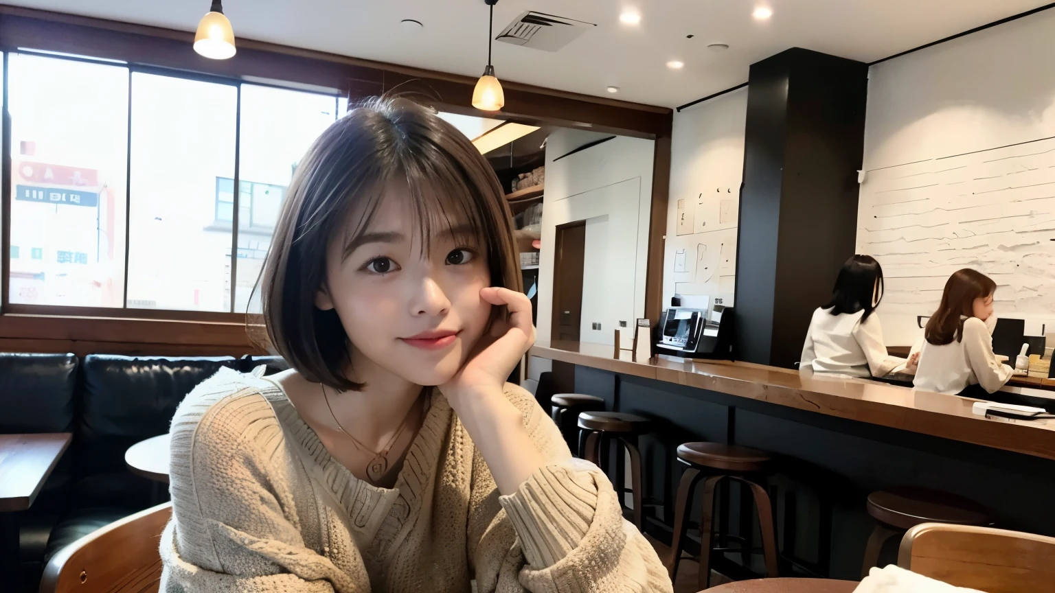 (最high quality、8k、32K、masterpiece:1.2)、A photo of a female college student who looks like a cute model、normal breasts、short bob hair、Upper body、face focus、extra large_sweater、necklace、look at the audience、background a trendy coffee shop with a unique aesthetic and atmosphere. Incorporate elements like modern furniture, artistic decoration, and ambient lighting to enhance the ambiance. People who enjoy drinks々Consider including, engaging in conversation, or quietly working on laptops. Let your creativity flow、In this chic café setting「stable diffusion」Let the idea come to life, I can see other customers enjoying themselves too..。At the back of the cafe、Staff are busy working at the counter.、Feel the vibrancy and warmth of a city cafe.., sharp focus, 1 girl, sexy 1.2, brown hair, With bangs, fine eyes, Beautiful eyes with long slits, double eyelid, (cat face), (cute Face), cute Smile, (close your mouth), (cute), soft skin, surreal, Super detailed, high quality, (Beautiful female college student with short hair studying in a cafe), ((詳細な非常にcute女子大生), 