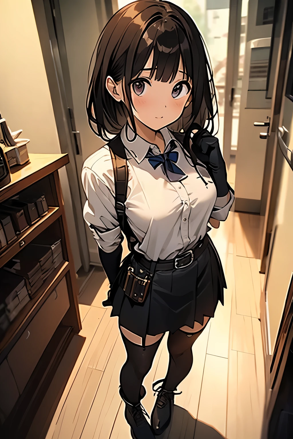 brown hair、looking at the viewer suspenders big swollen breasts black mini skirt garter belt knee high socks Aerial perspective small face bangs Beauty hands up sideways view black boots provocation one person cutter shirt hands behind put your hands behind your back Hands behind your back With your hands behind your back armed holster Belt Garter Bell Black Gloves with Holes A Hotel Room Bed wall side blonde